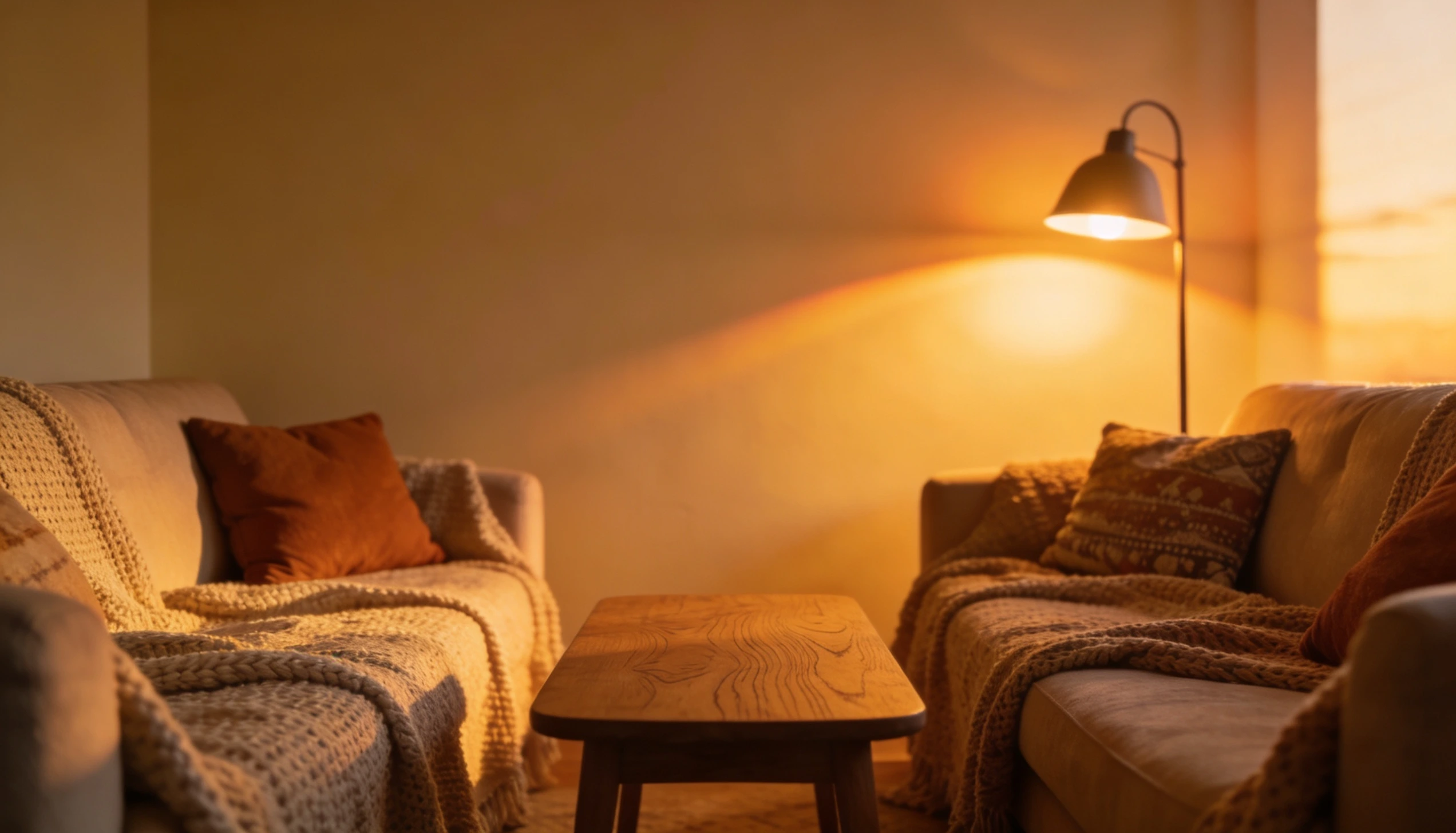 Two cozy, neutrally toned sofas flank a wooden coffee table in a warmly lit room featuring a floor lamp casting an amber glow on the wall