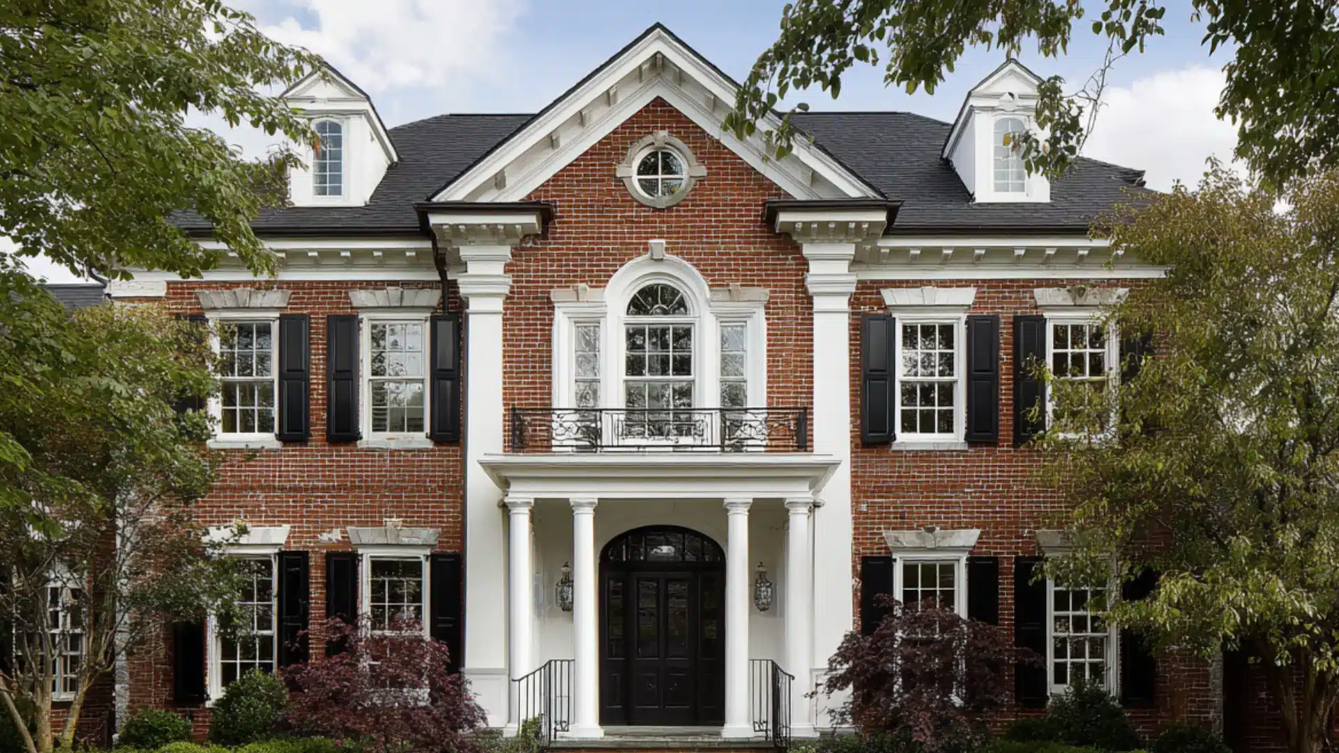 Two story brick house at dusk featuring black shutters a white portico with columns warm lantern light and a stone garden walkway