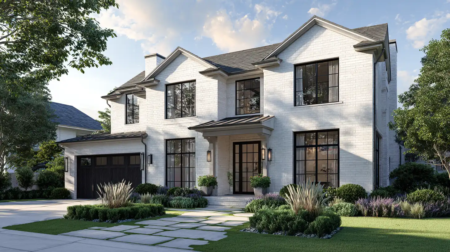 Two-story modern farmhouse with white painted brick exterior, dark trim windows, and an integrated black garage, fronted by lush landscaping and a stone walkway