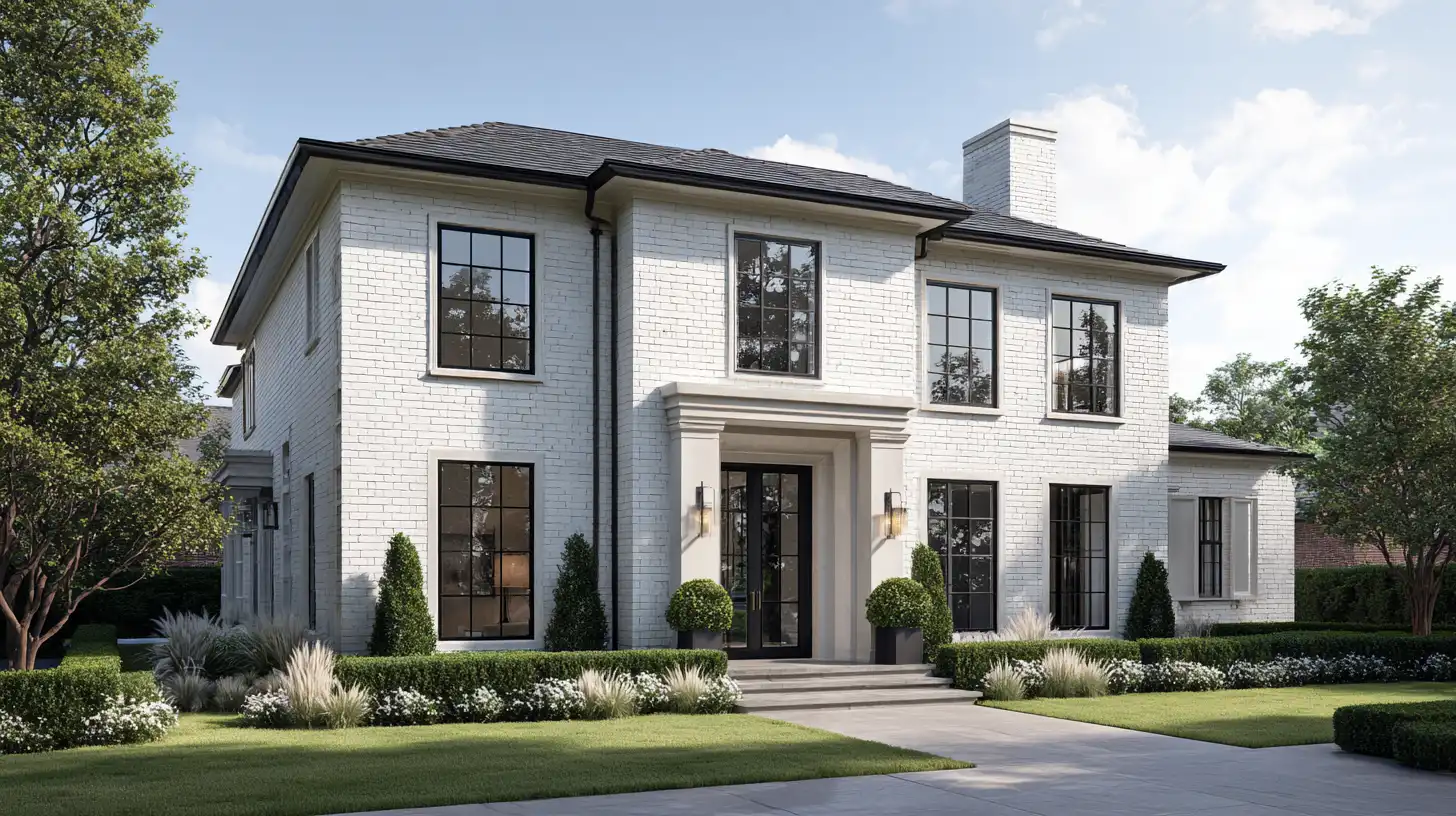 Two-story modern traditional home featuring white painted brick, black grid windows, and a prominent stone entryway surrounded by manicured landscaping