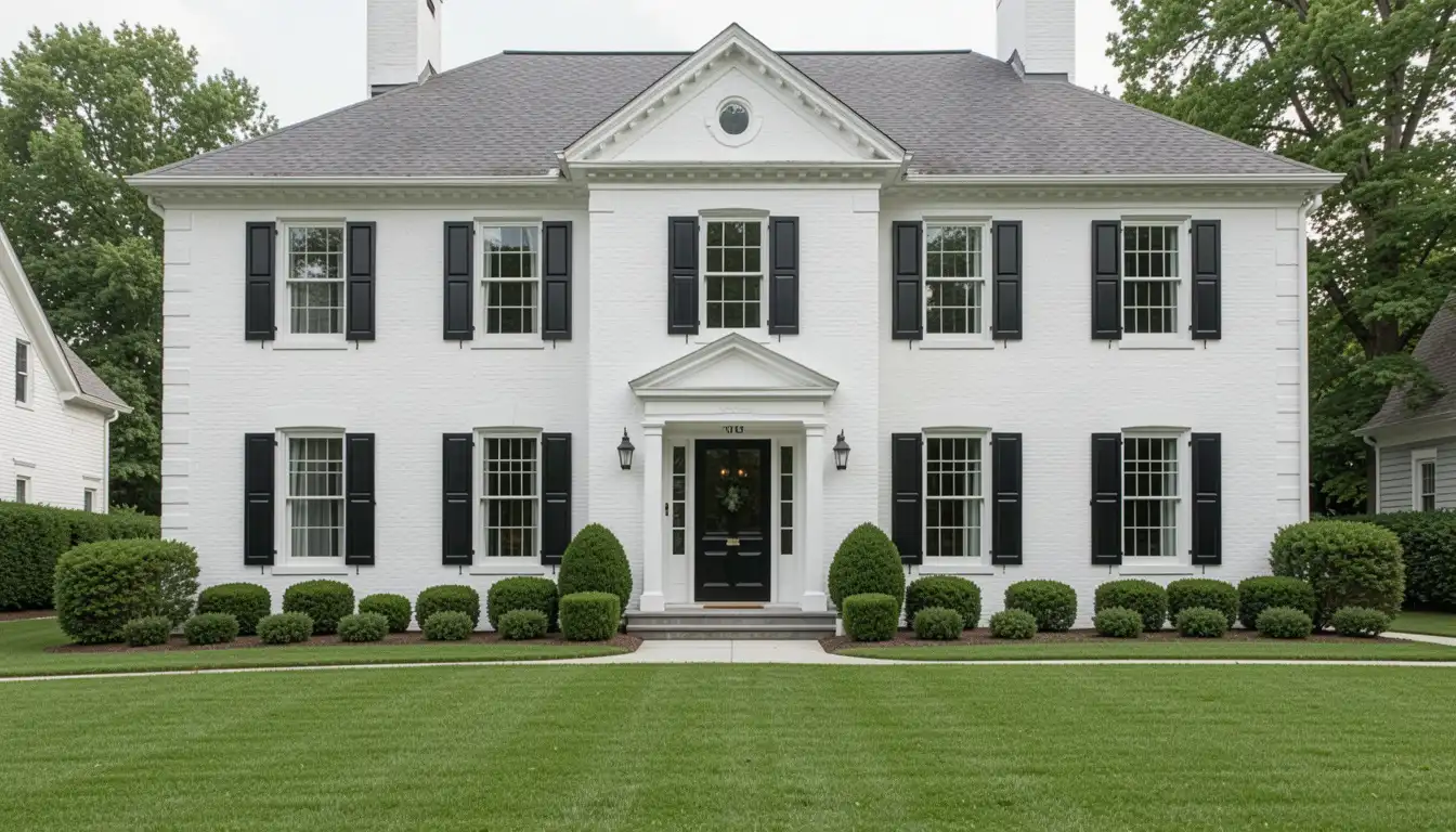 Two-story white colonial house with black shutters, covered entrance, and manicured lawn. Symmetrical design, formal and inviting atmosphere
