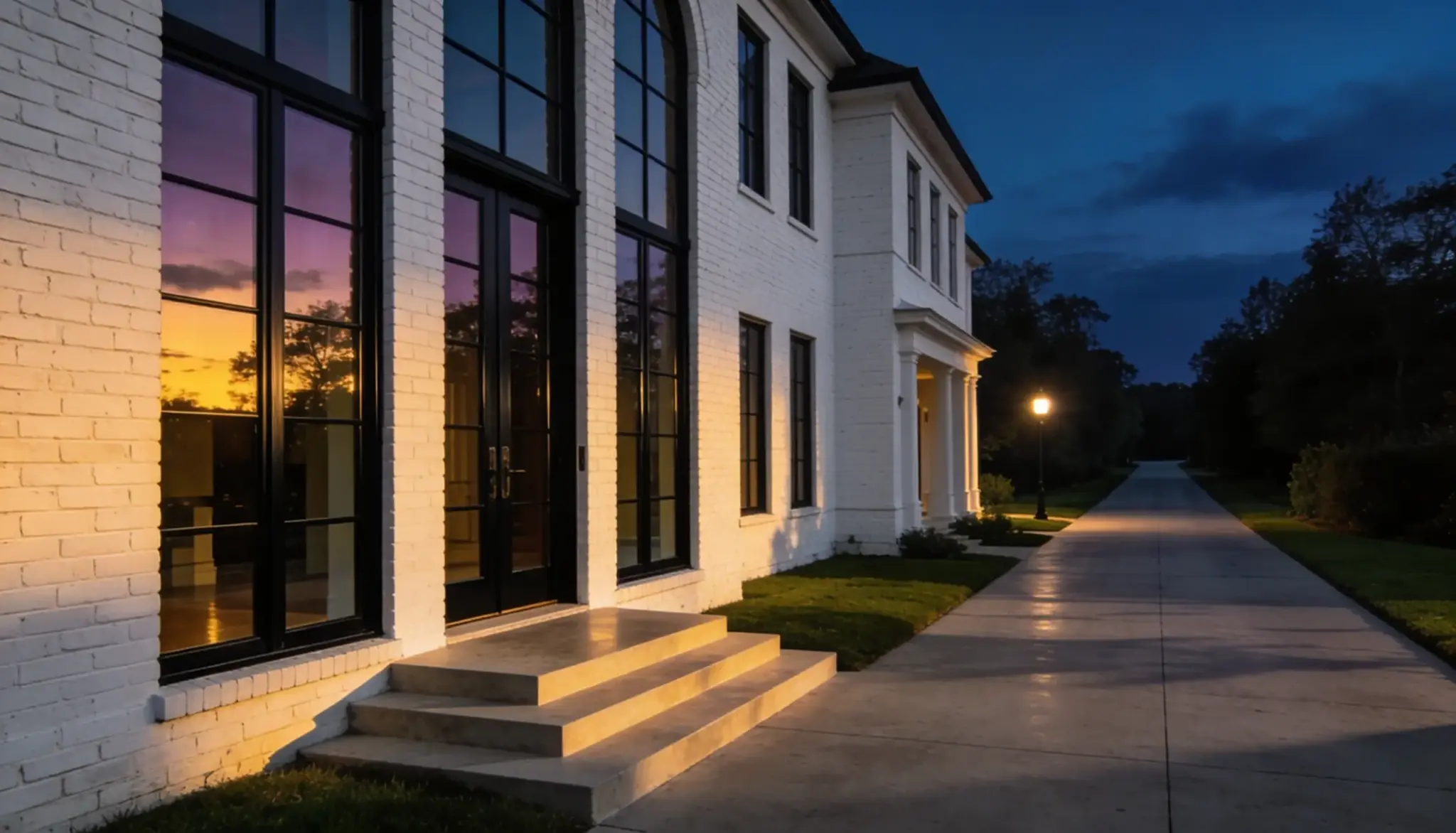 White brick home exterior at twilight showing large black-framed windows reflecting a purple and orange sunset next to a long, illuminated driveway
