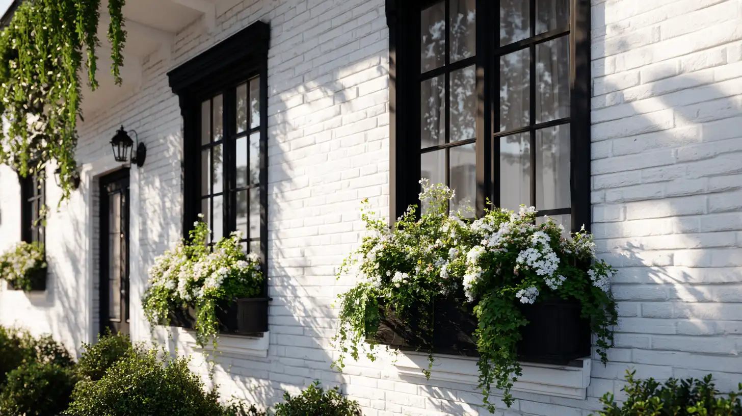 White painted brick exterior featuring black-framed windows adorned with overflowing window boxes of white flowers and trailing greenery