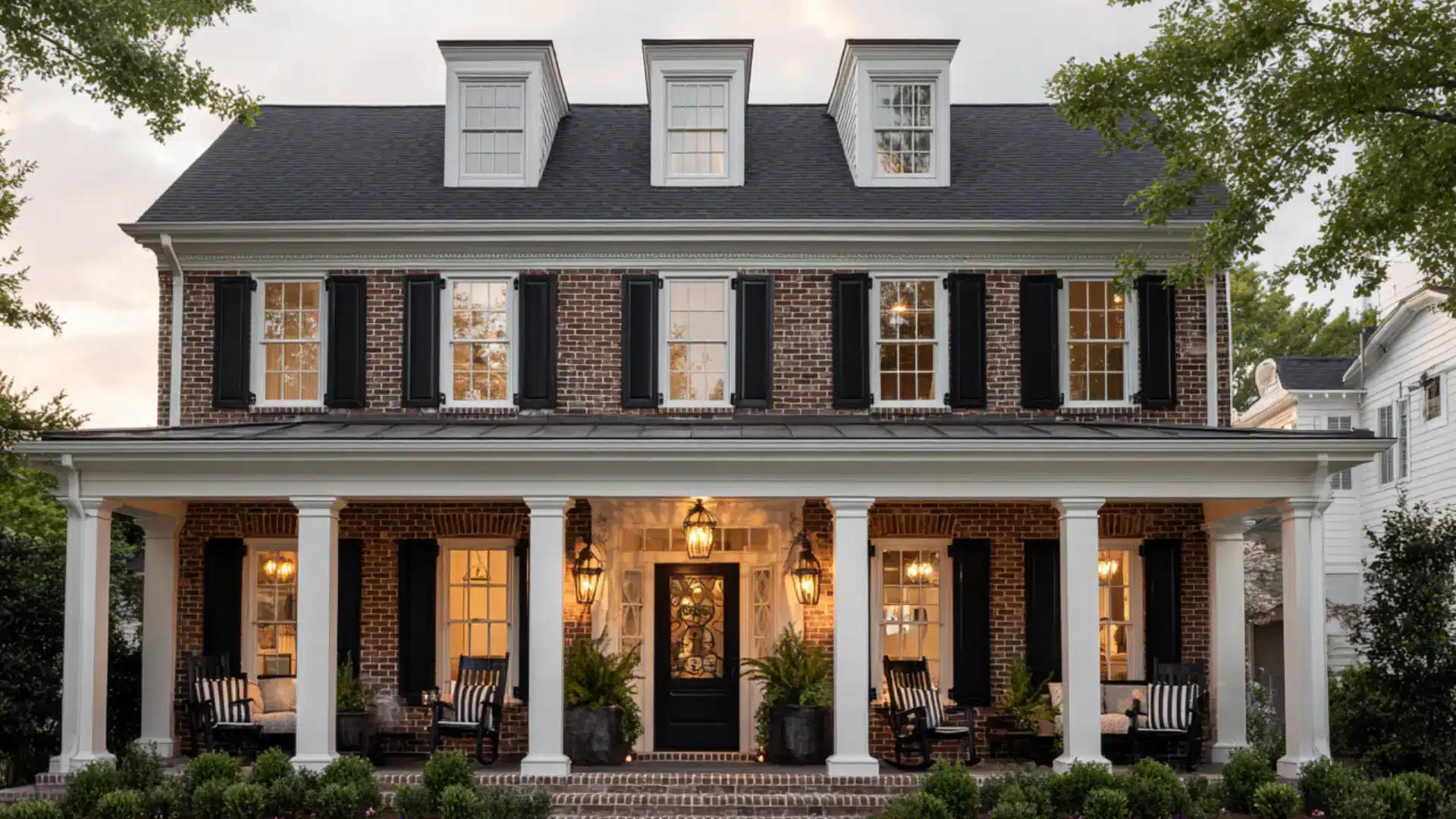 White painted brick house with black shutters white columns on a large front porch with rocking chairs and green shrubs