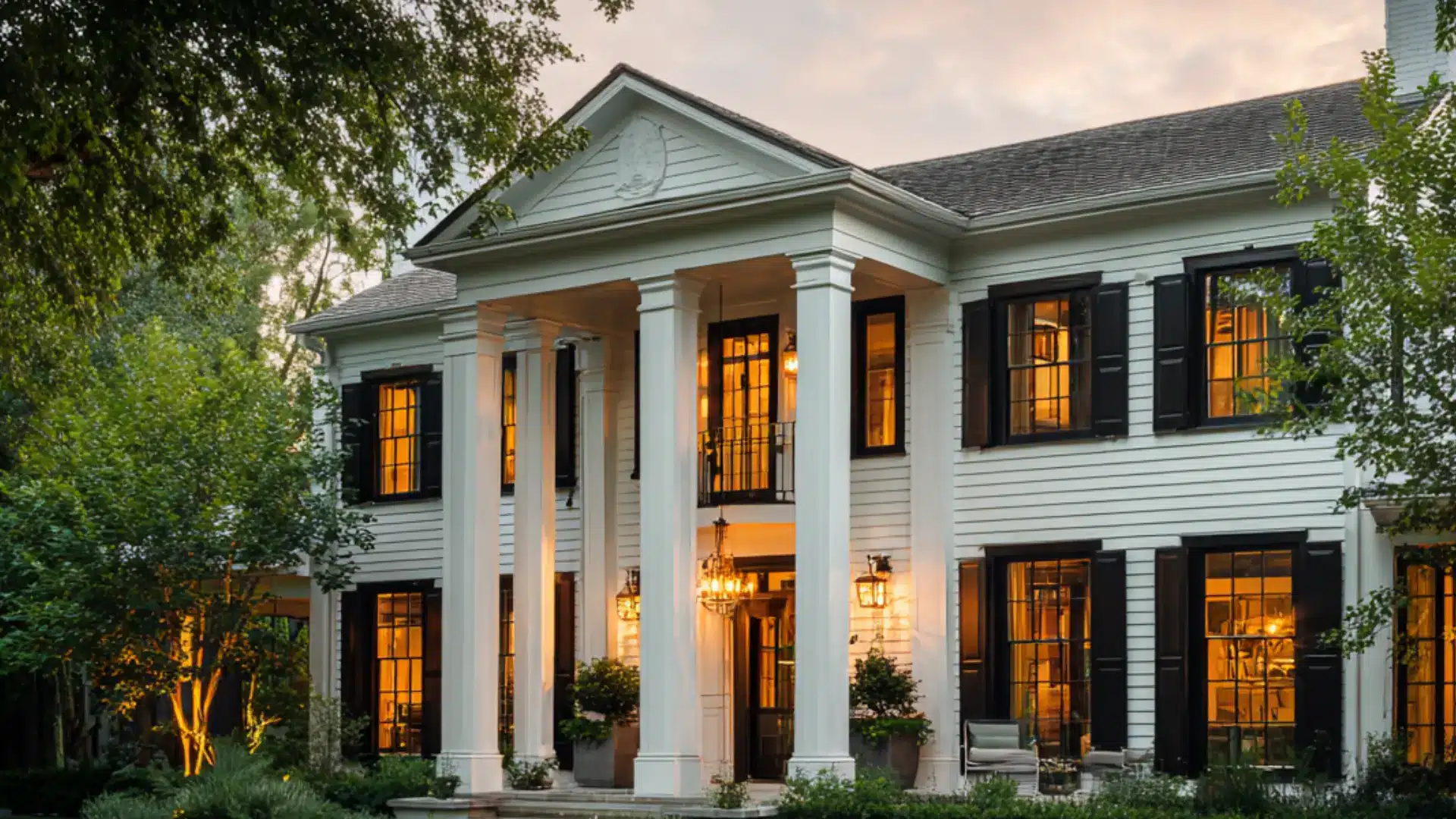 White southern manor house with tall columns black shutters lit windows green lawn and lush gardens under a sunset sky