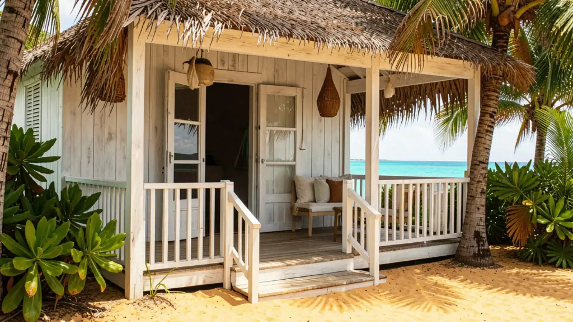 White wooden beachfront bungalow with a thatched roof sits on bright sand beneath palm trees, overlooking turquoise ocean water.