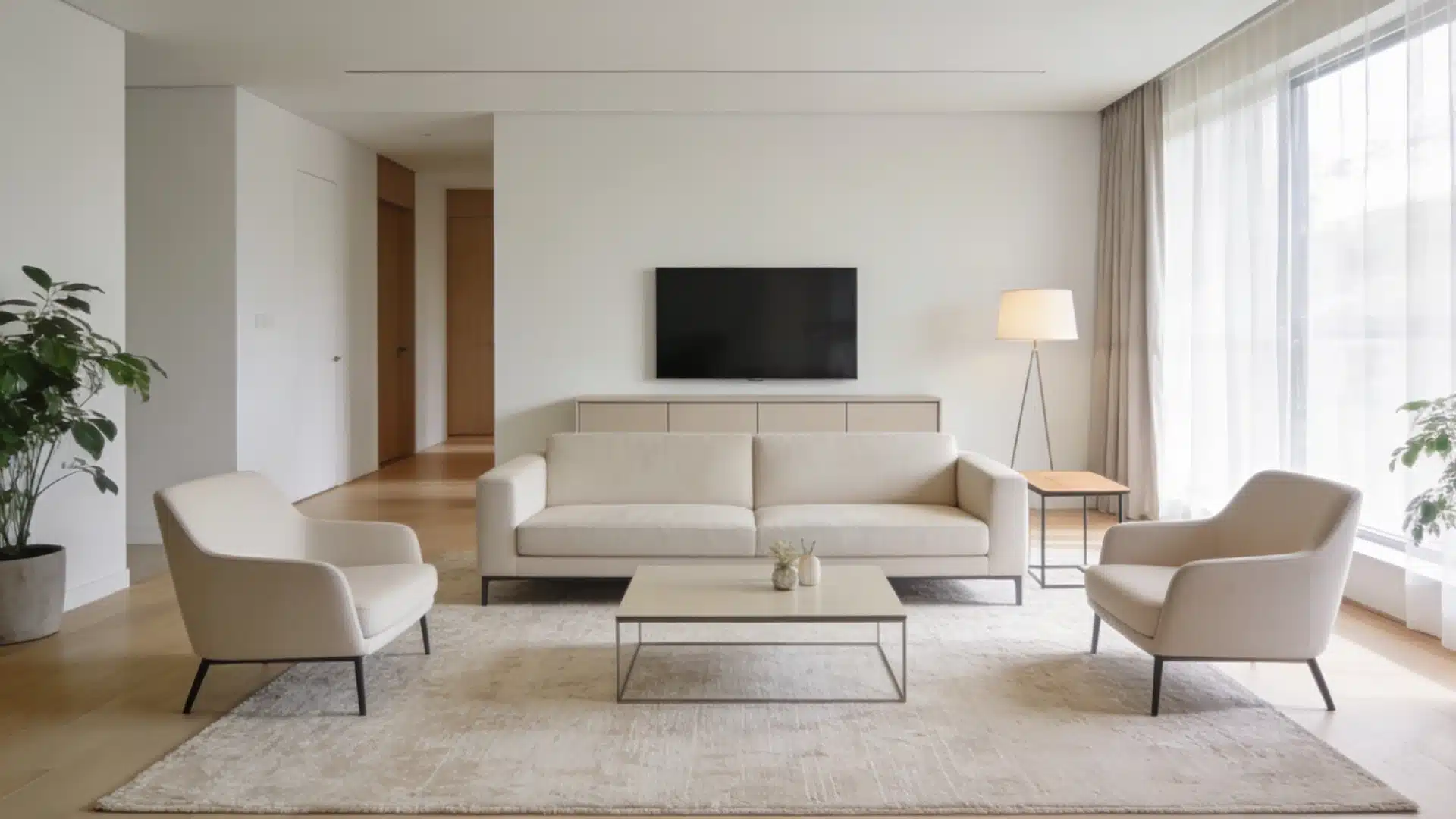 A minimalist living room with a neutral tone sofa, two armchairs, and a coffee table on a light rug.