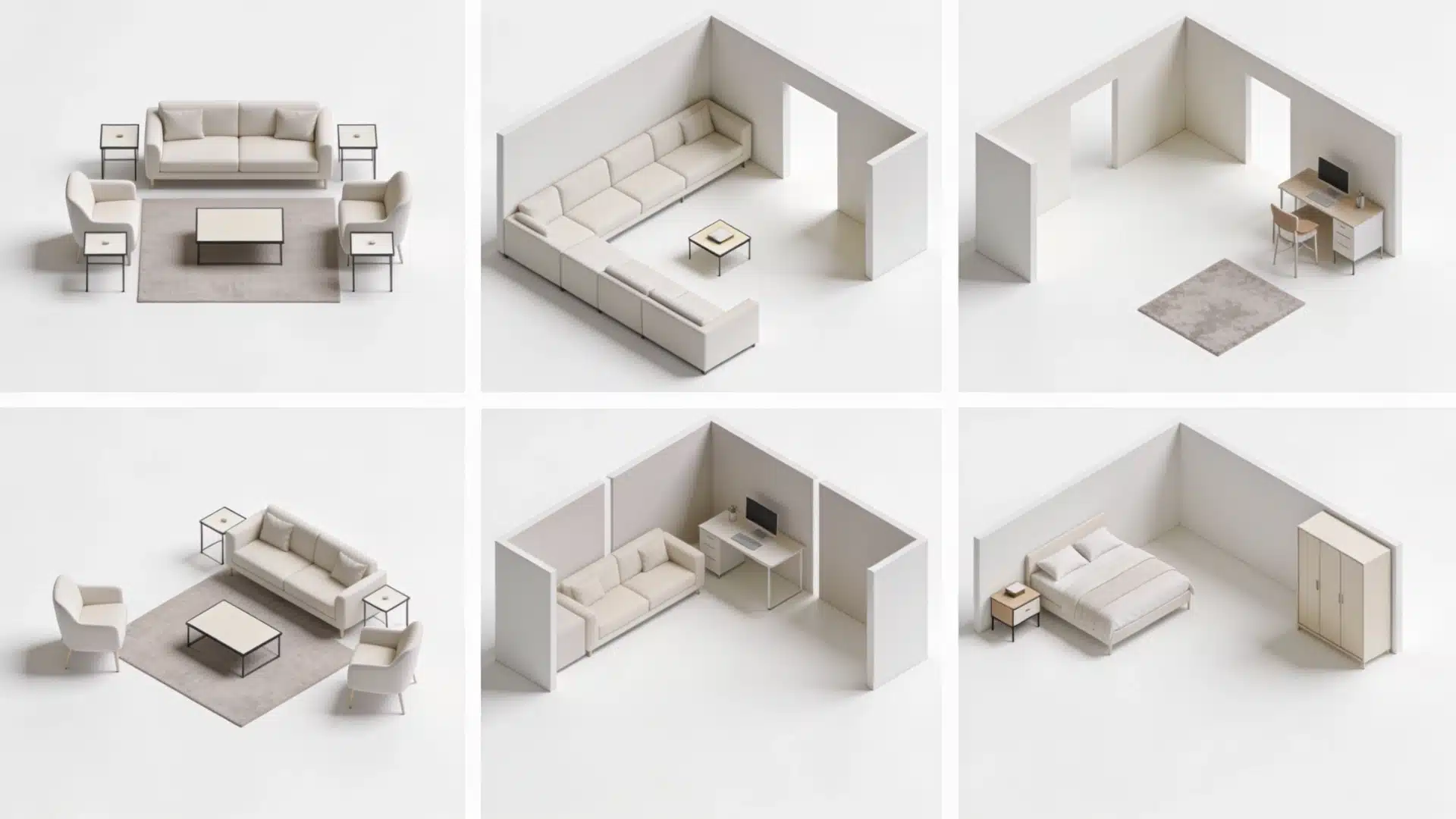 Six isometric vignettes illustrate modular furniture arrangements for a living space, office nook, and bedroom setup.