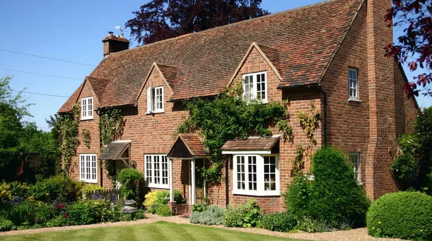 A brick English cottage featuring a vibrant garden and well-maintained shrubs in front of the house