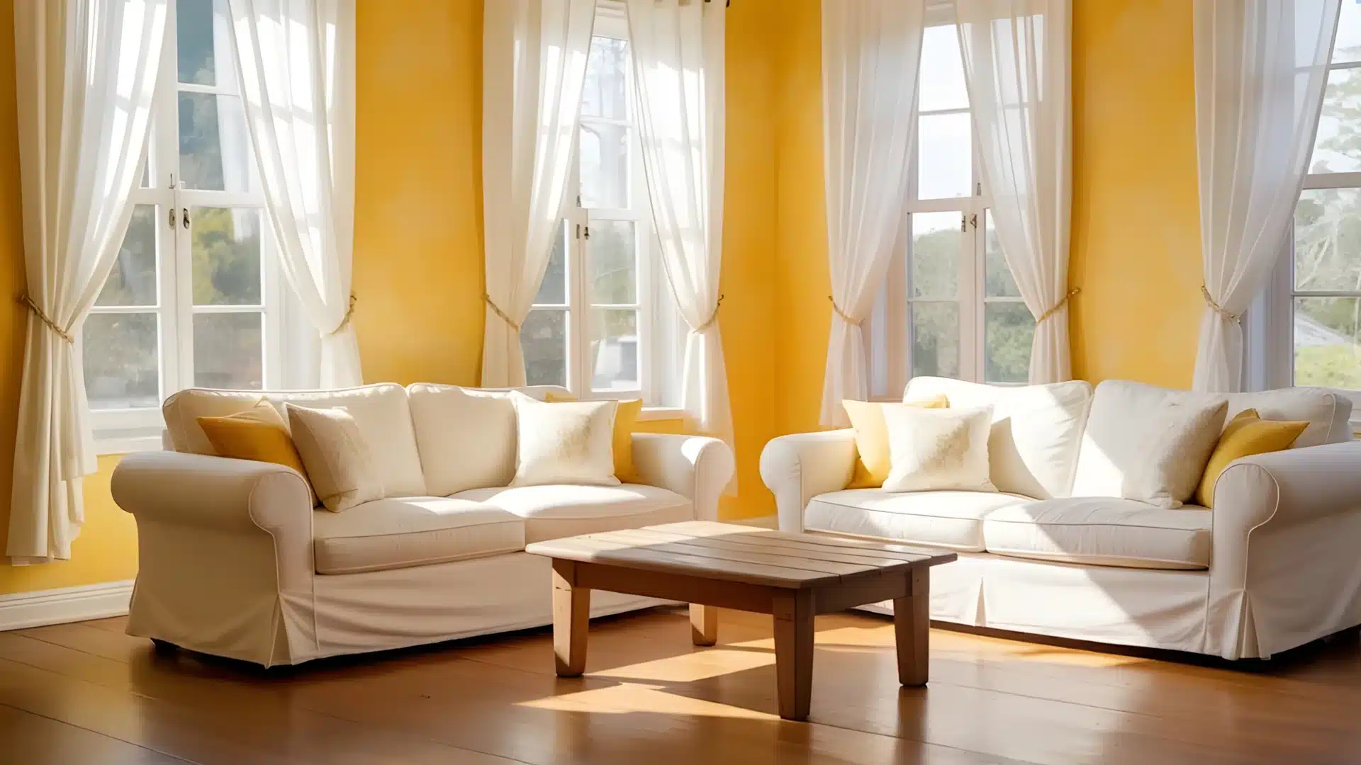 A brightly lit living room featuring two white slipcovered sofas, a wooden coffee table, and sunny yellow walls framed by sheer white curtains over multiple windows