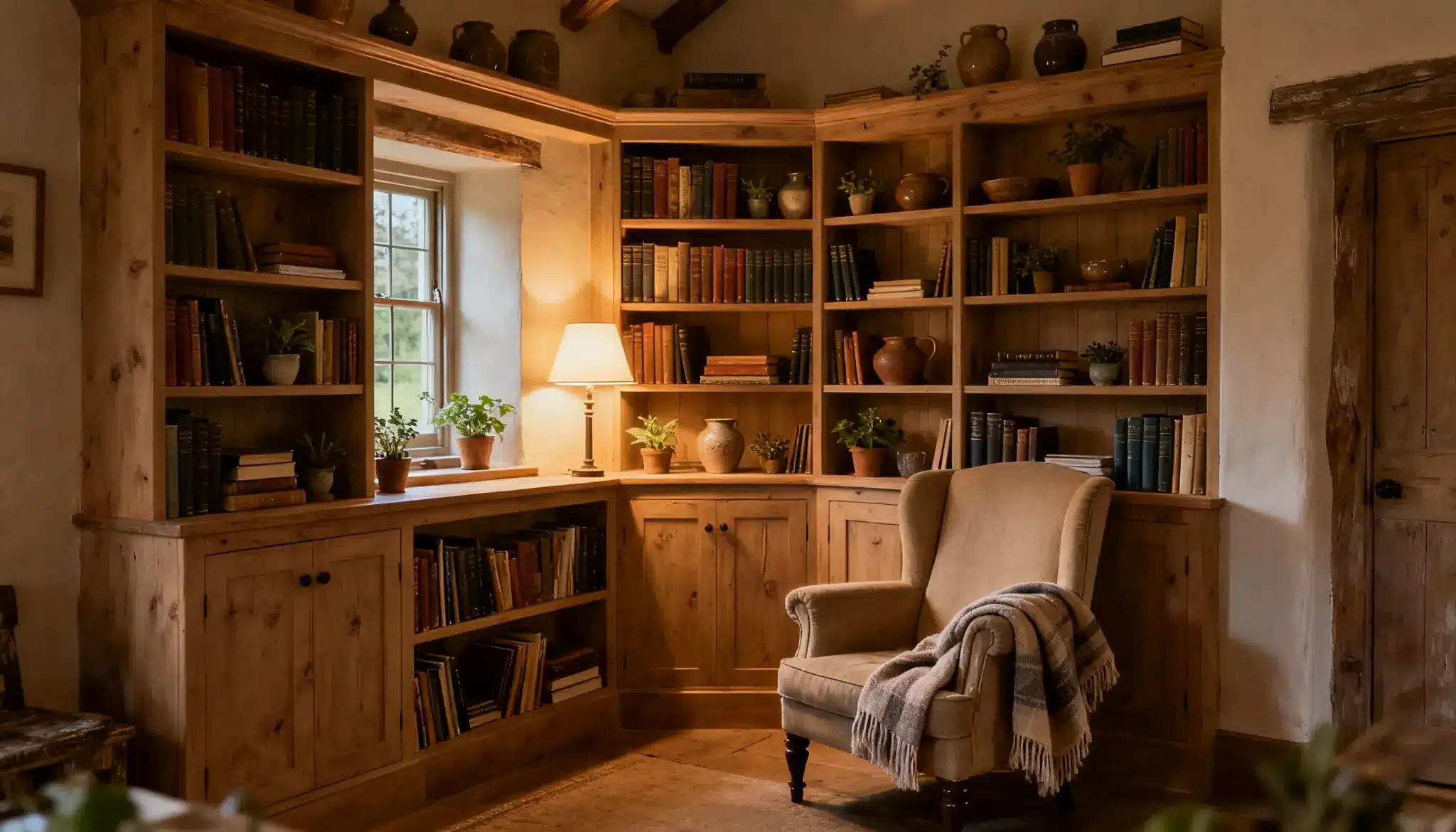 A corner bookcase in an English cottage, accompanied by a chair and lamp, offers a reading space