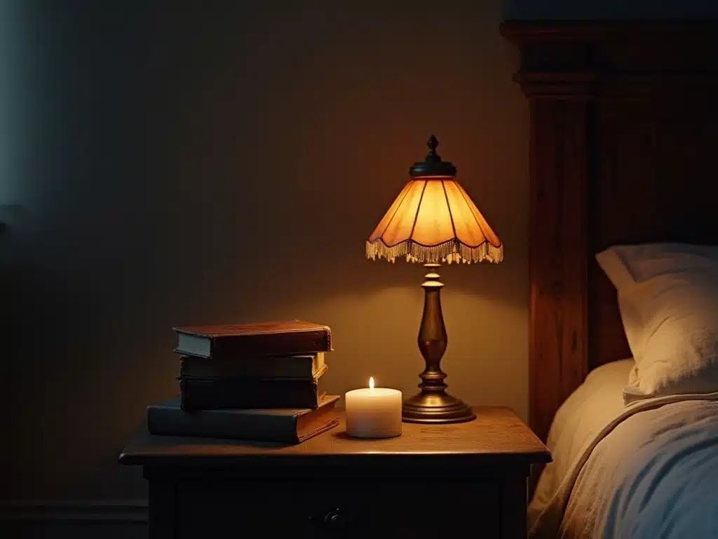 A cozy bed beside a nightstand with a lamp and stacked books, creating a warm and inviting atmosphere (1)