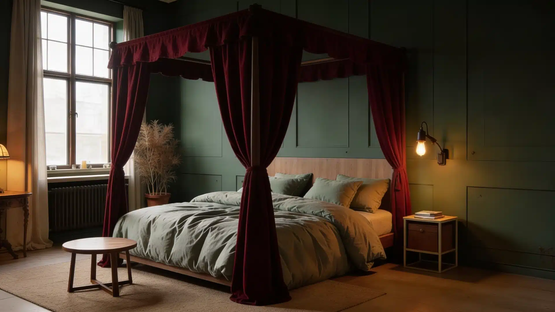 A cozy bedroom featuring a canopy bed adorned with soft linens and a stylish lamp beside it, creating a warm ambiance (1)
