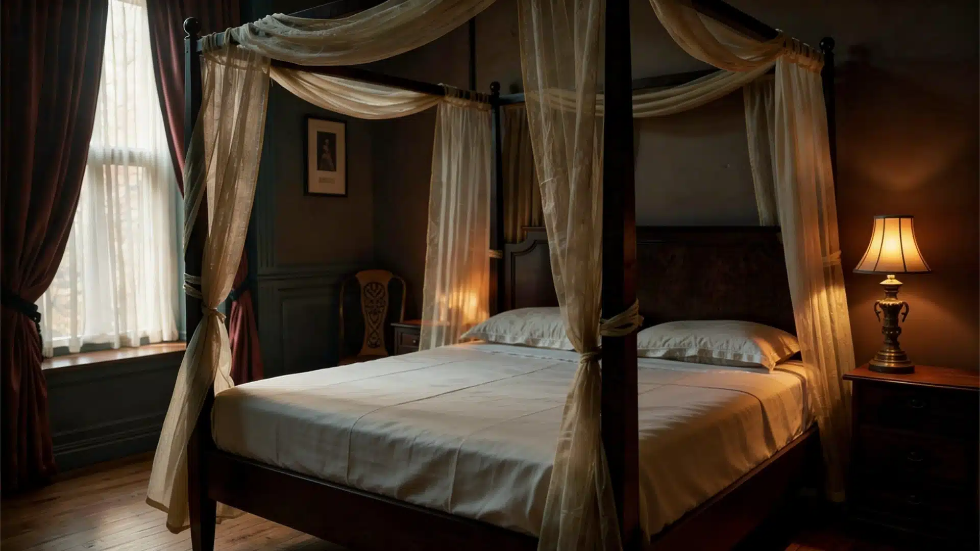 A cozy bedroom featuring a canopy bed and a stylish lamp beside it, creating a warm and inviting atmosphere