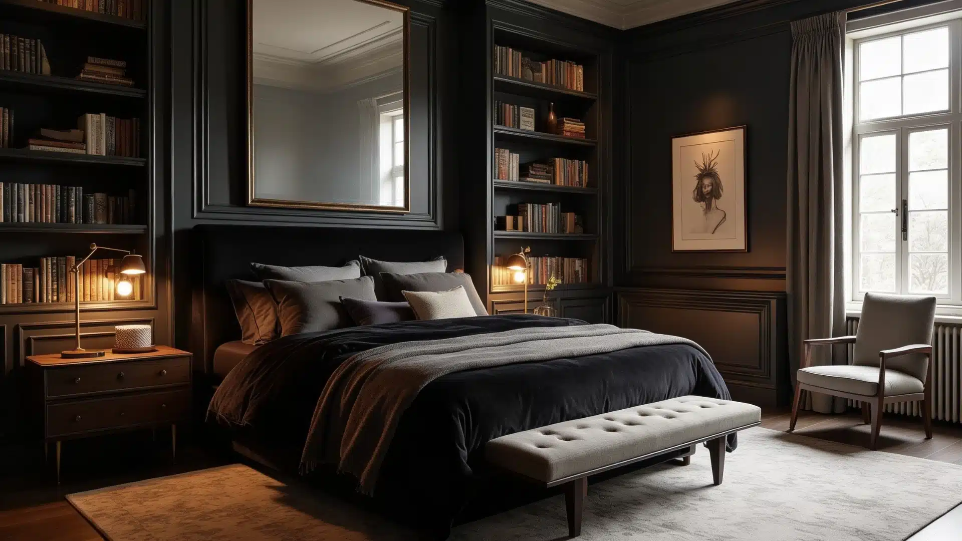 A cozy bedroom featuring dark walls, a neatly made bed, and a stylish mirror reflecting the room's ambiance
