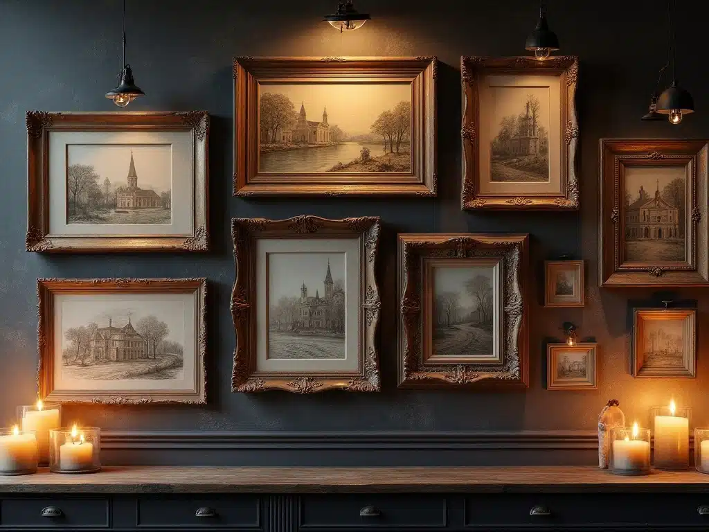 A cozy room illuminated by candles, featuring framed pictures adorning walls