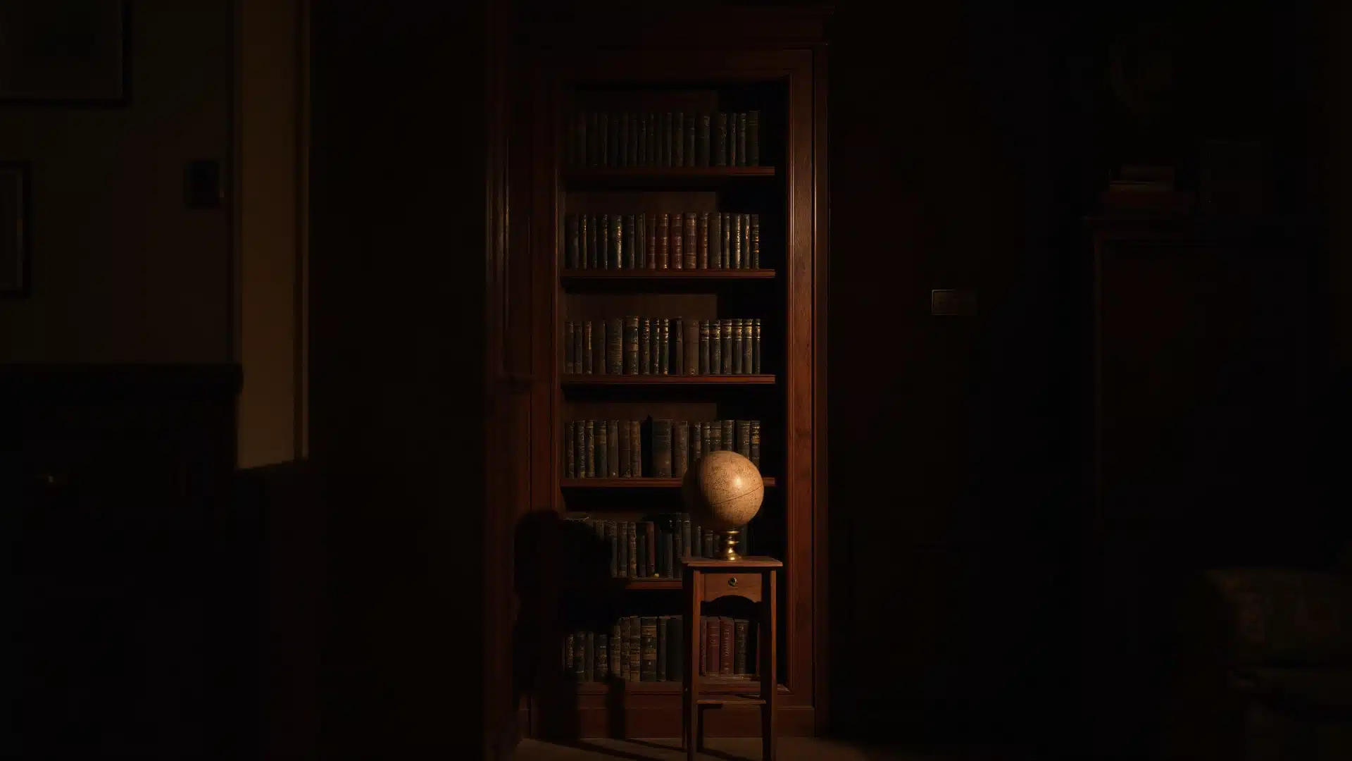 _A dark room featuring a bookcase, a lamp, and a chair, creating a cozy reading nook atmosphere