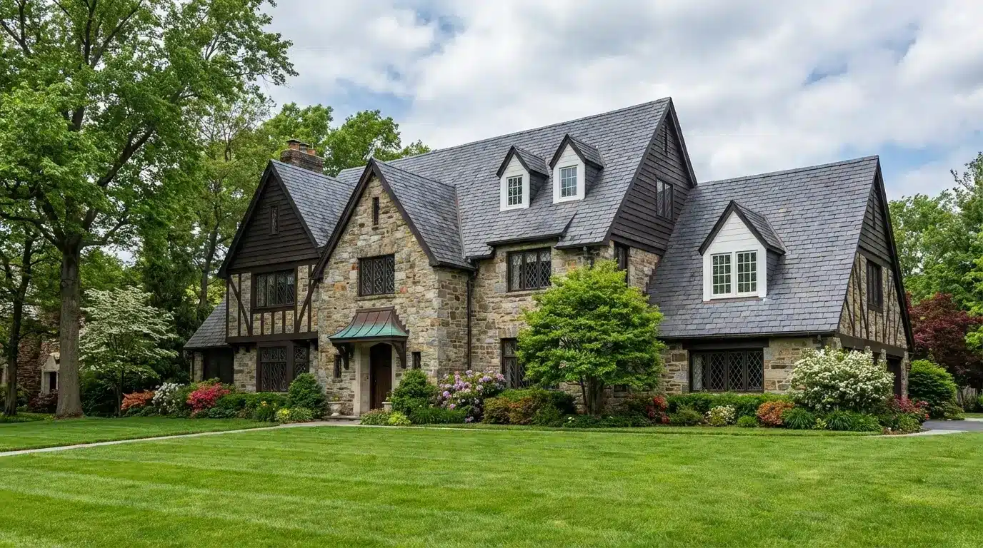 A large stone English cottage with steep gabled roofs, surrounded by a spacious green lawn