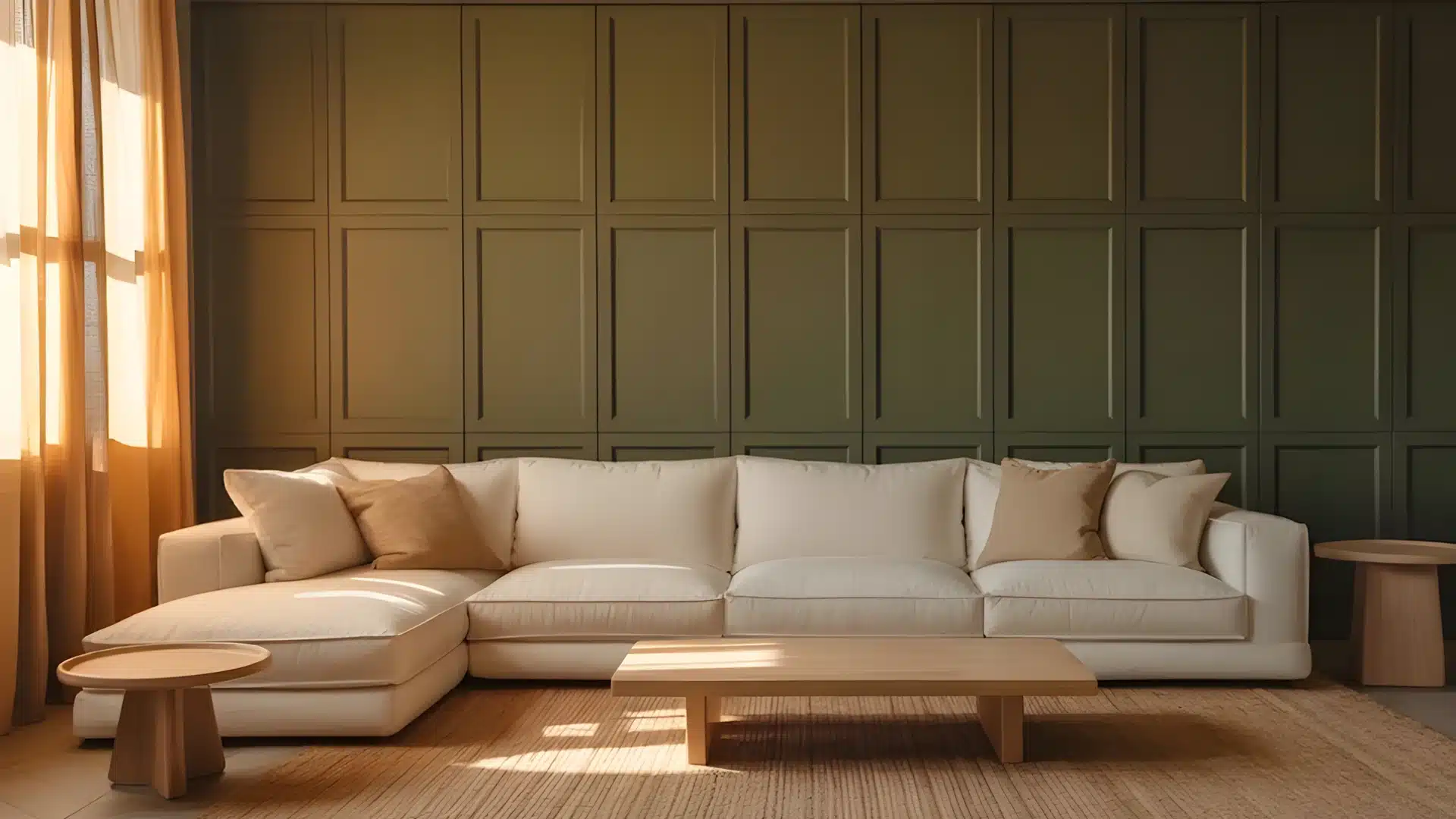 A light beige sectional sofa sits on a textured rug before a dark olive green paneled wall, illuminated by warm light streaming through sheer amber curtains