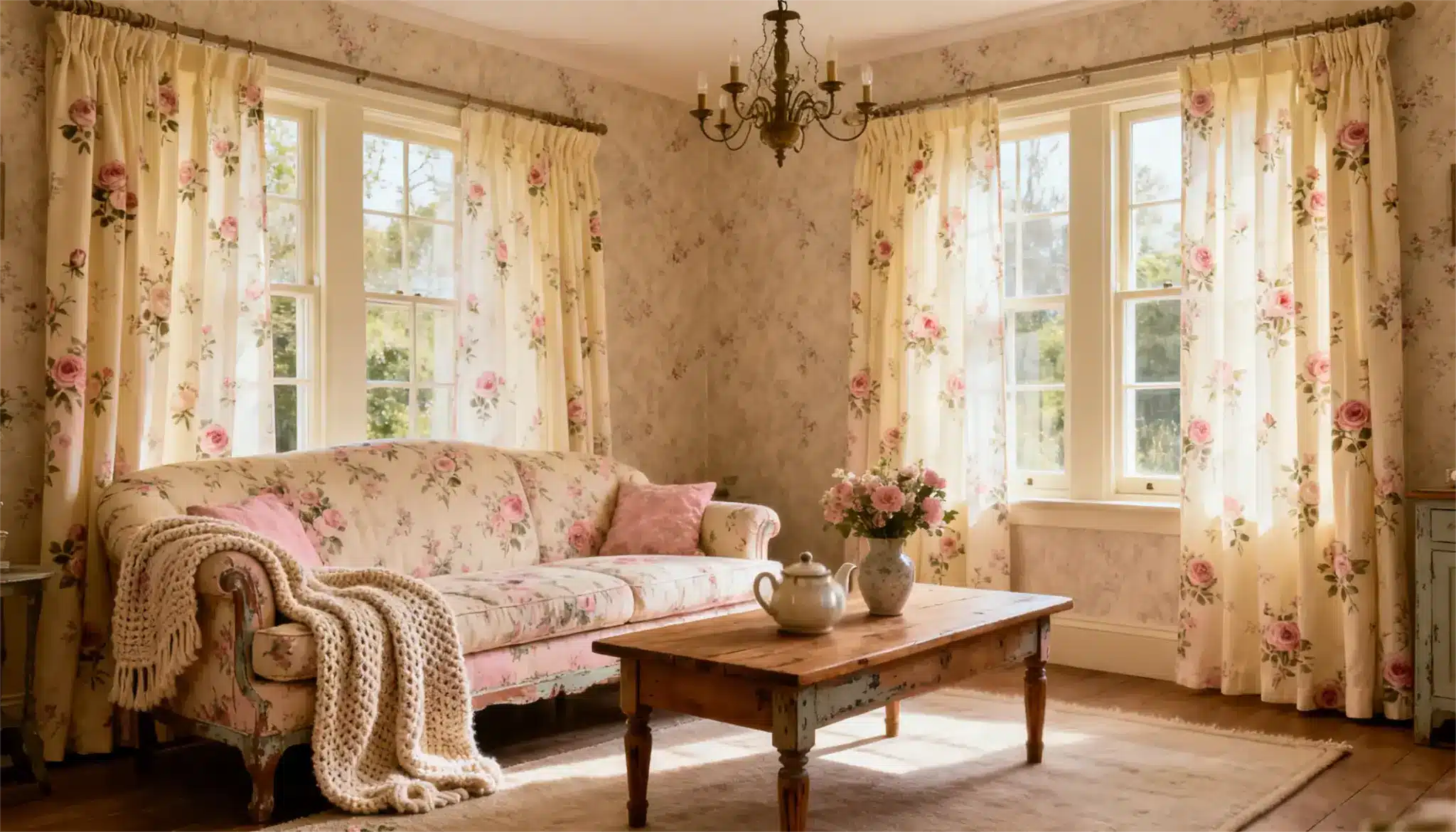 A living room featuring floral cream curtains and floral sofa in a British cottage house