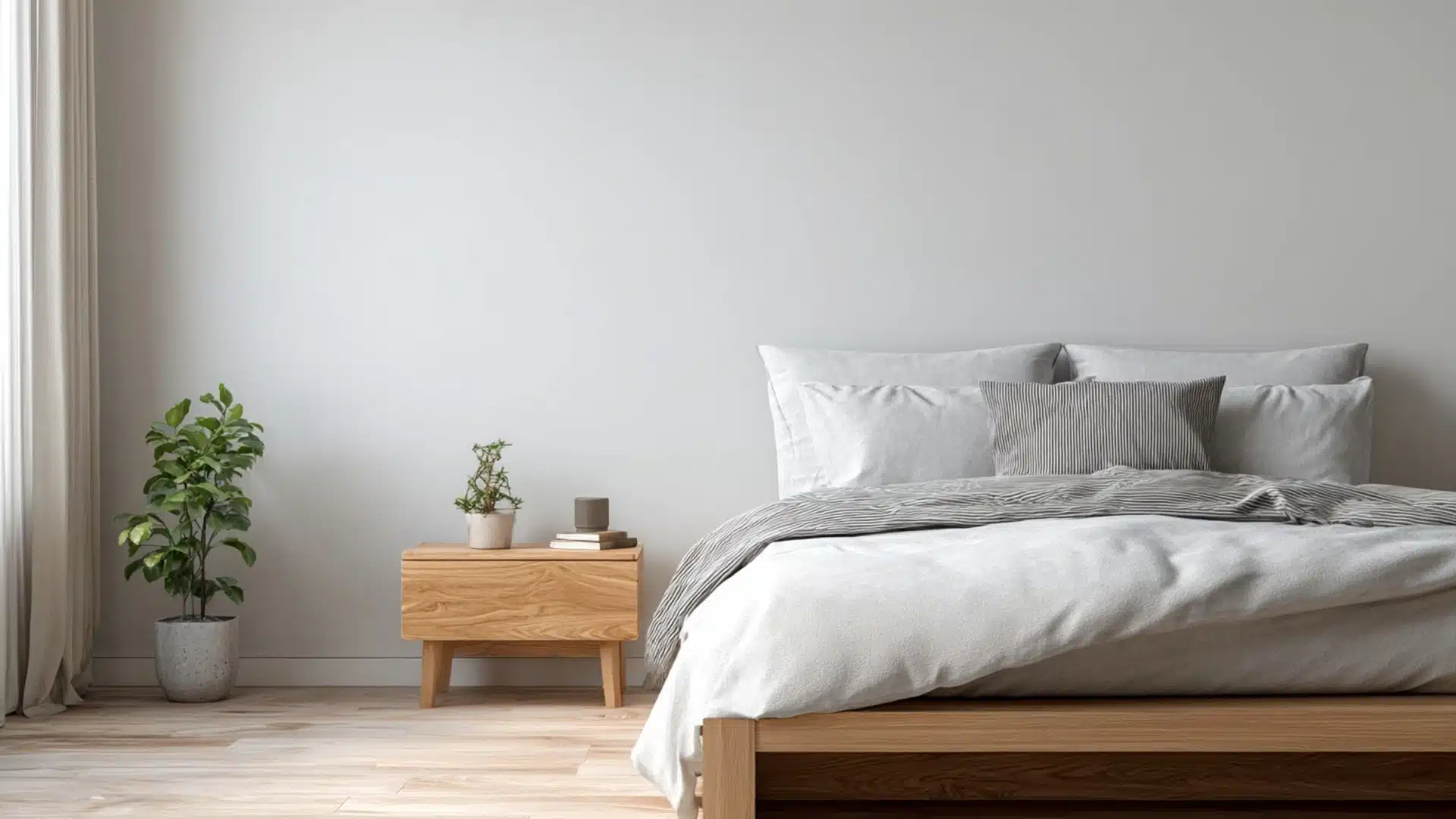 A minimalist bedroom with beige walls, featuring a wooden bed with white and gray linens, a wooden nightstand with potted plants, conveying a serene atmosphere
