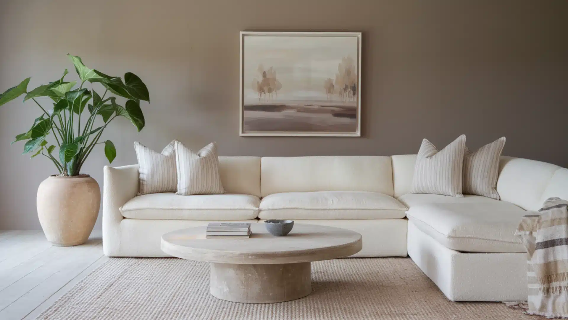 A minimalist living room with beige walls features a cream sectional sofa, a circular wooden coffee table, and a potted plant, conveying a calm ambiance