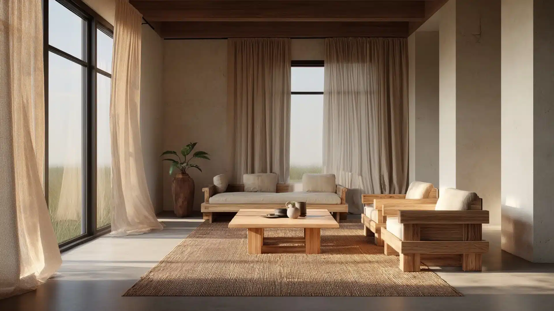 A minimalist living room with wooden furniture, a soft beige rug, and floor-to-ceiling windows draped in light curtains, creating a serene ambiance