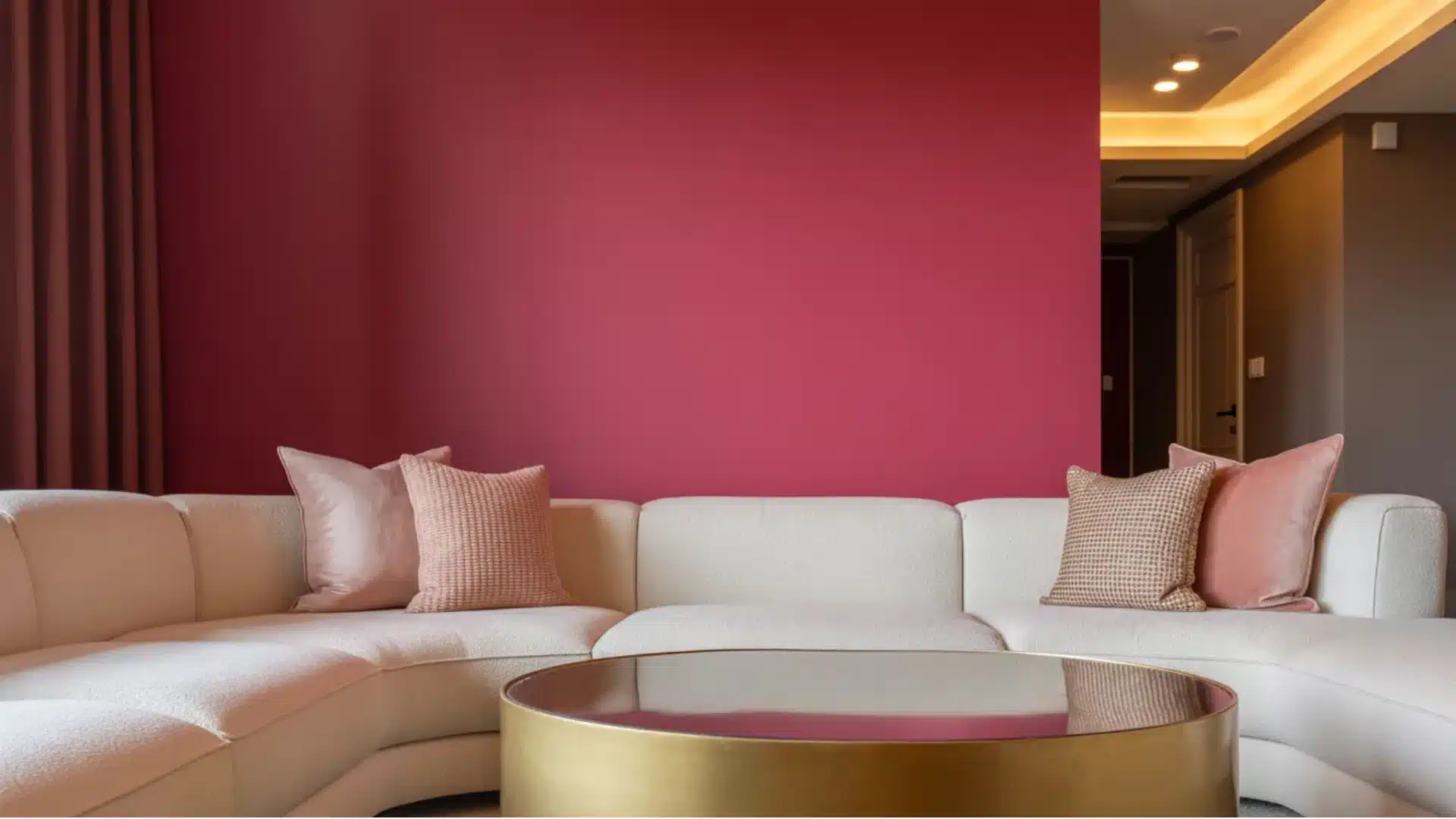 A modern living room features a curved white sectional sofa against a vibrant raspberry accent wall, complemented by pink throw pillows and a circular gold coffee table