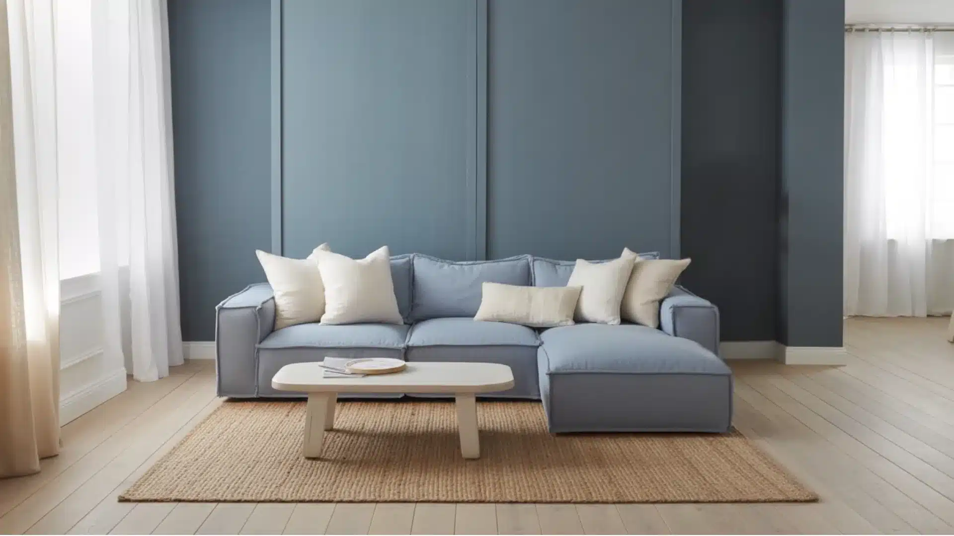 A modern living room featuring a light blue sectional sofa with cream pillows, a small white coffee table, and a jute rug against a dark blue paneled wall and light wood flooring