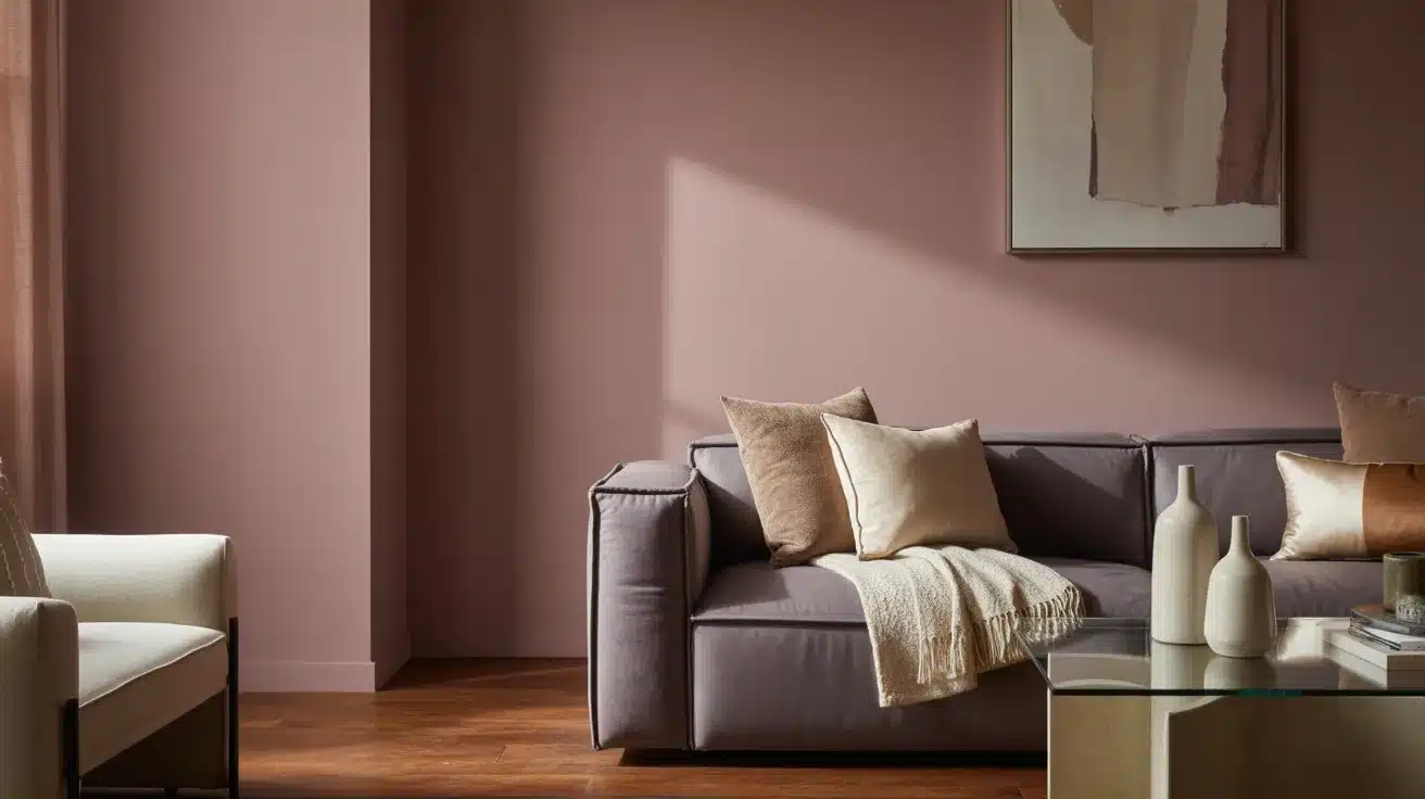 A modern living room featuring a mauve-pink wall, a dark grey sofa with beige pillows and a throw blanket, and a glass coffee table holding ceramic vases