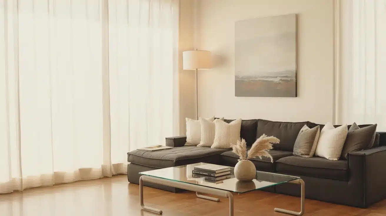 A modern living room with a dark sectional sofa, glass coffee table, floor lamp, abstract wall art, and sheer curtains letting in natural light