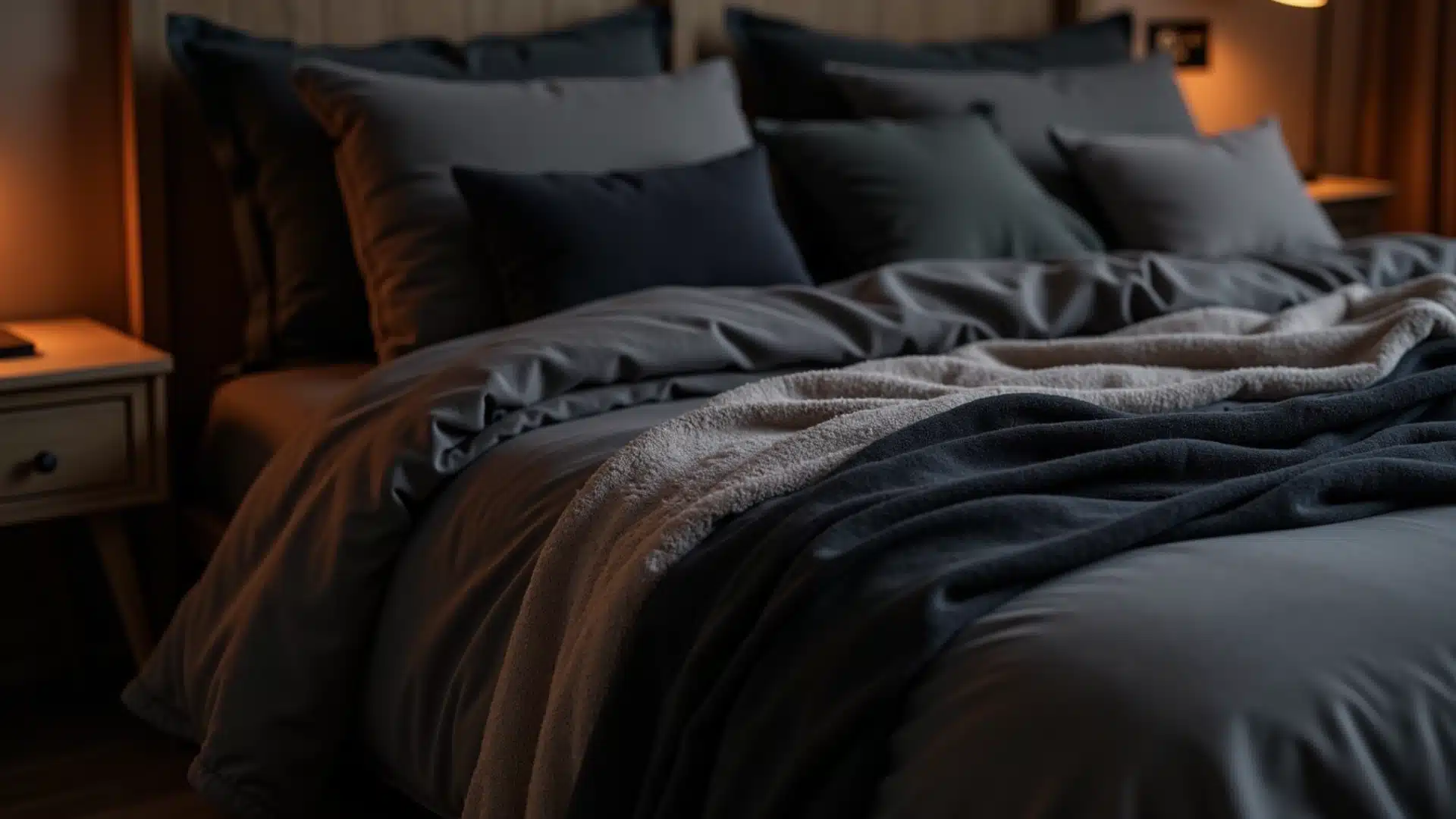 A neatly made bed featuring a soft gray blanket and matching pillows arranged symmetrically