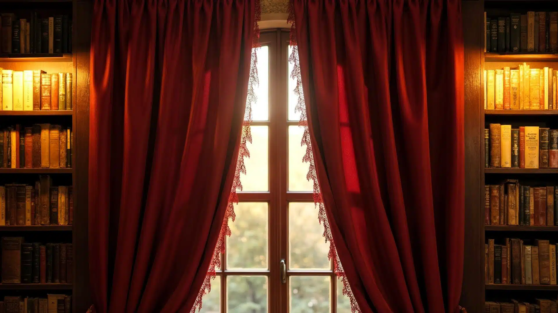A red curtain covers a window, positioned in front of a bookshelf filled with various books