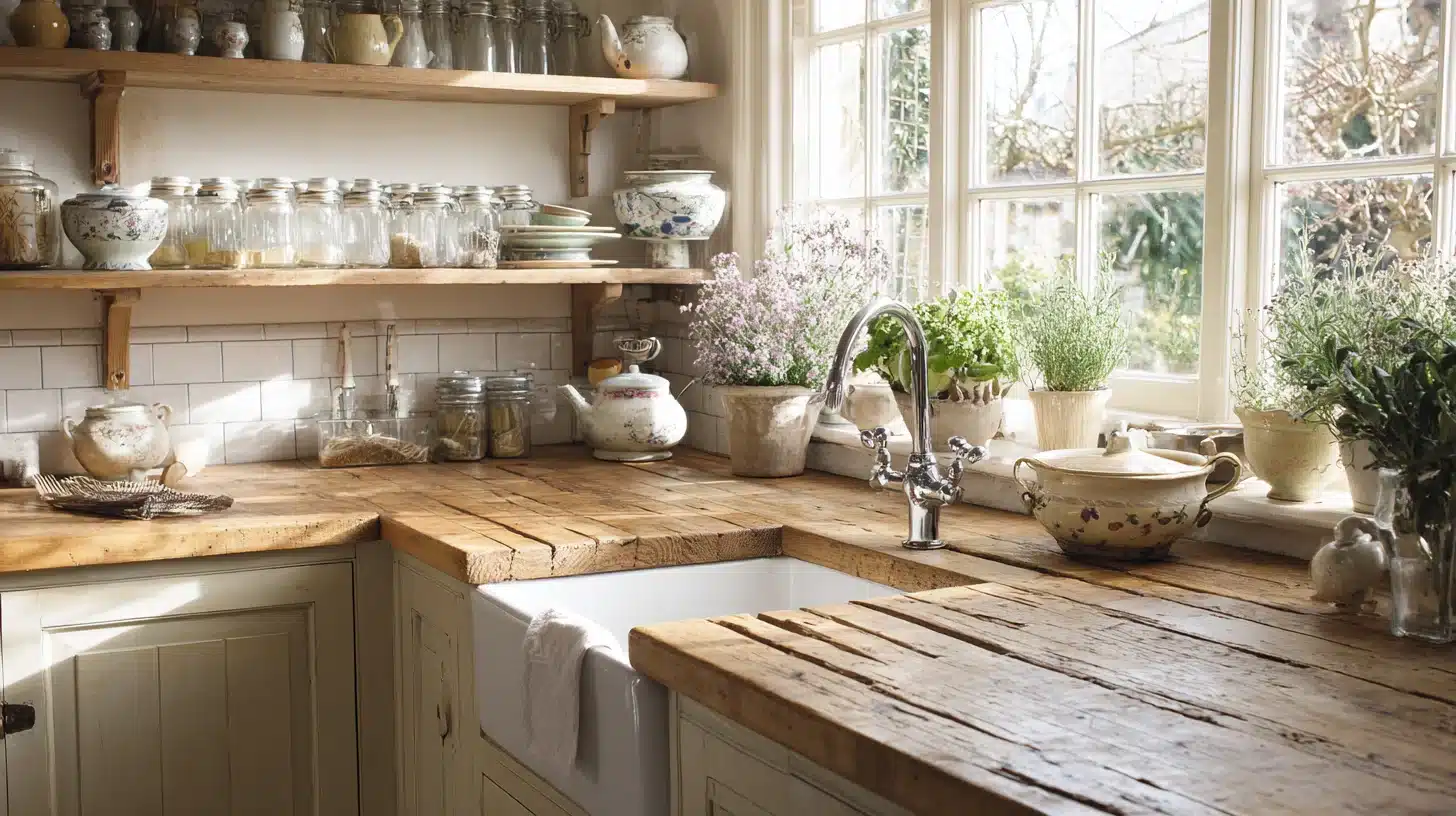 A rustic farmhouse kitchen sink area features thick, distressed wooden countertops, open shelving filled with glass jars, and several potted herbs situated in front of a bright, multi paned window.