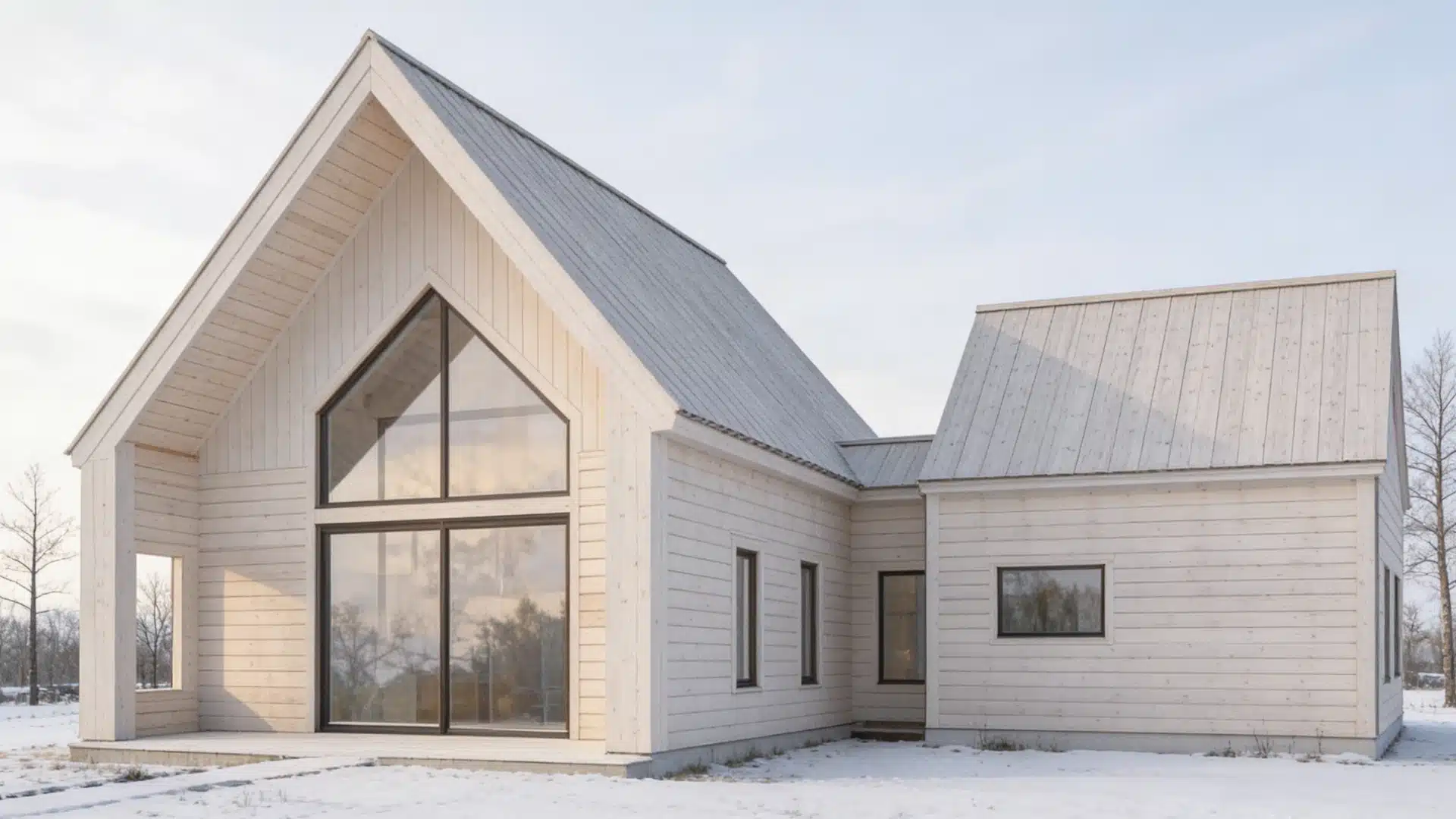 A Scandinavian house with light wood siding and a large frame window set in a snowy landscape.