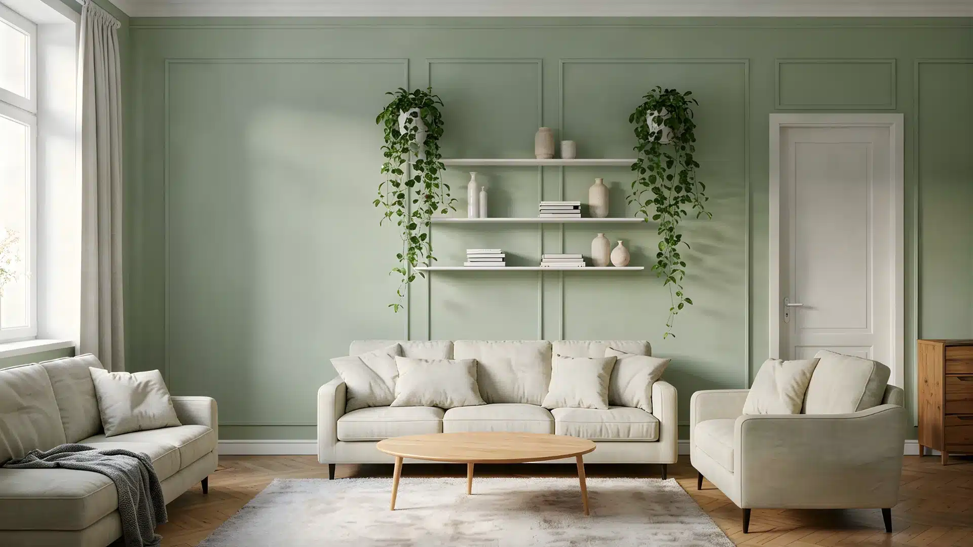 A serene living room featuring sage green wainscoting, light cream upholstered sofas, a wooden coffee table, and white floating shelves adorned with plants and decor