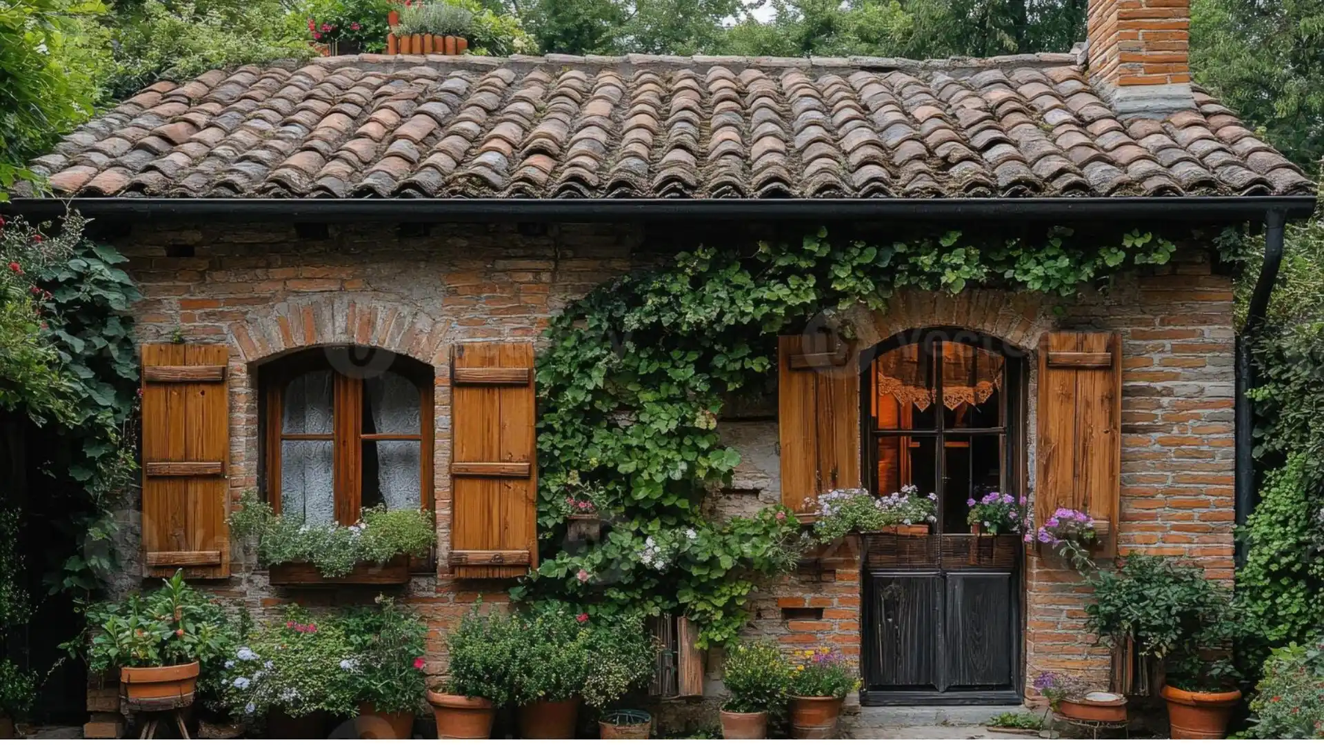 A small English cottage style house adorned with climbing plants and colorful potted flowers