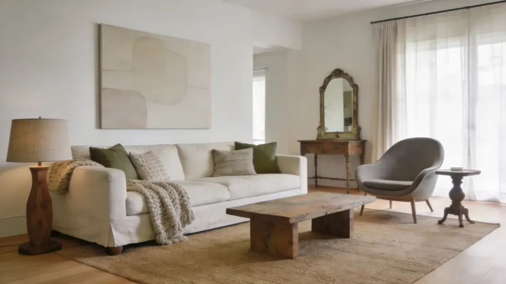 A Studio McGee inspired living room featuring a sofa, a rustic wooden coffee table, and a gray mid century modern armchair