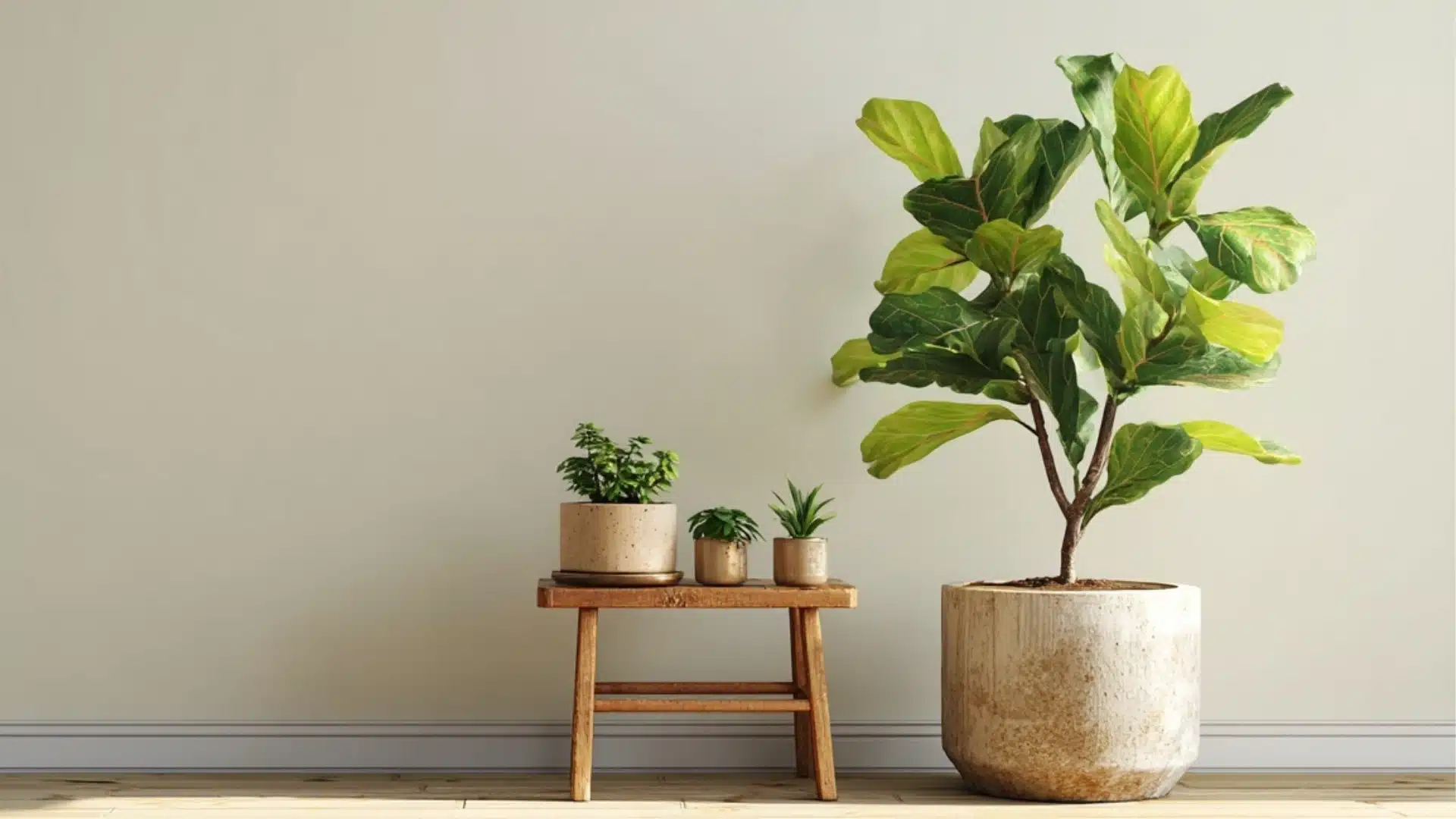 A stylish indoor scene with a large fiddle leaf fig in a textured pot beside a small wooden table holding three smaller potted plants