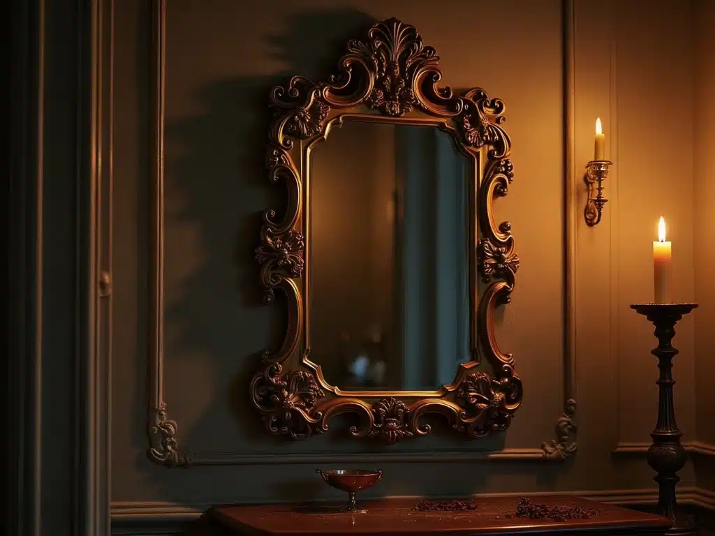 A table in a room features a candle and a mirror, reflecting the soft light and enhancing the cozy ambiance (1)