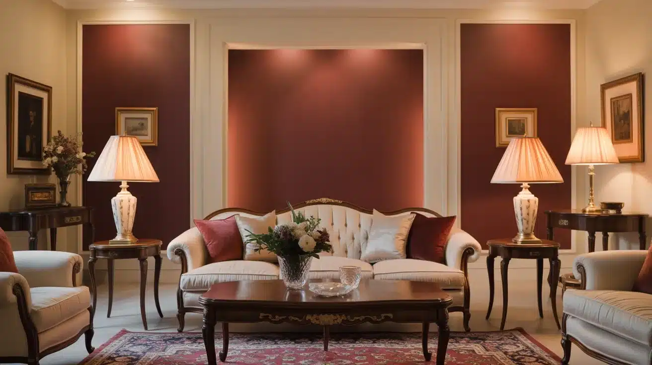 A traditional living room features a tufted cream sofa centered against a deep burgundy accent wall, flanked by matching end tables with ornate lamps