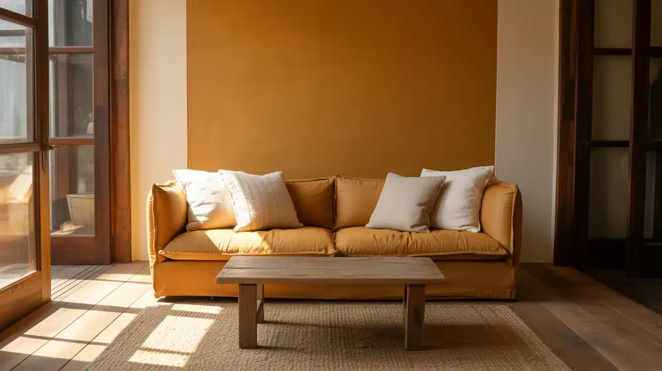 A warm living room interior featuring a mustard yellow sofa with white pillows, a rustic wooden coffee table, and bright sunlight streaming through glass doors onto a jute rug