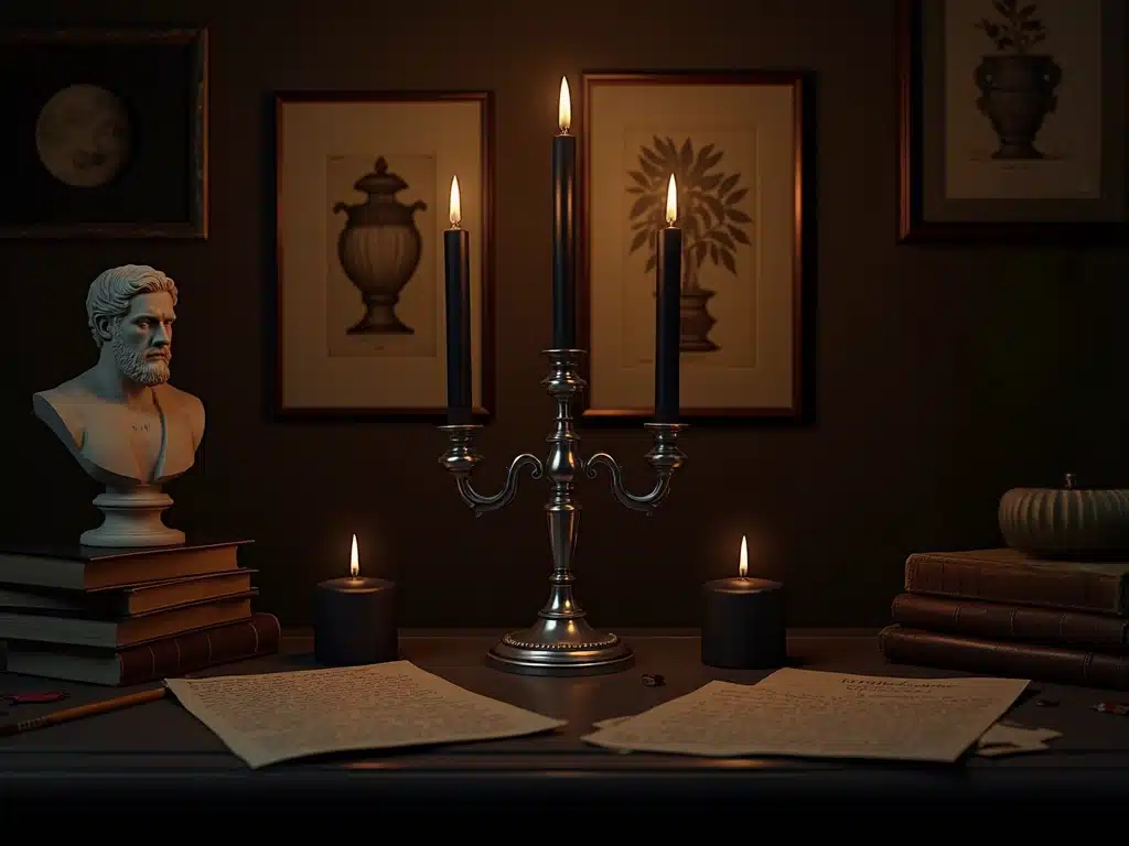 A wooden table adorned with lit candles and stacked books, creating a cozy and inviting atmosphere (1)