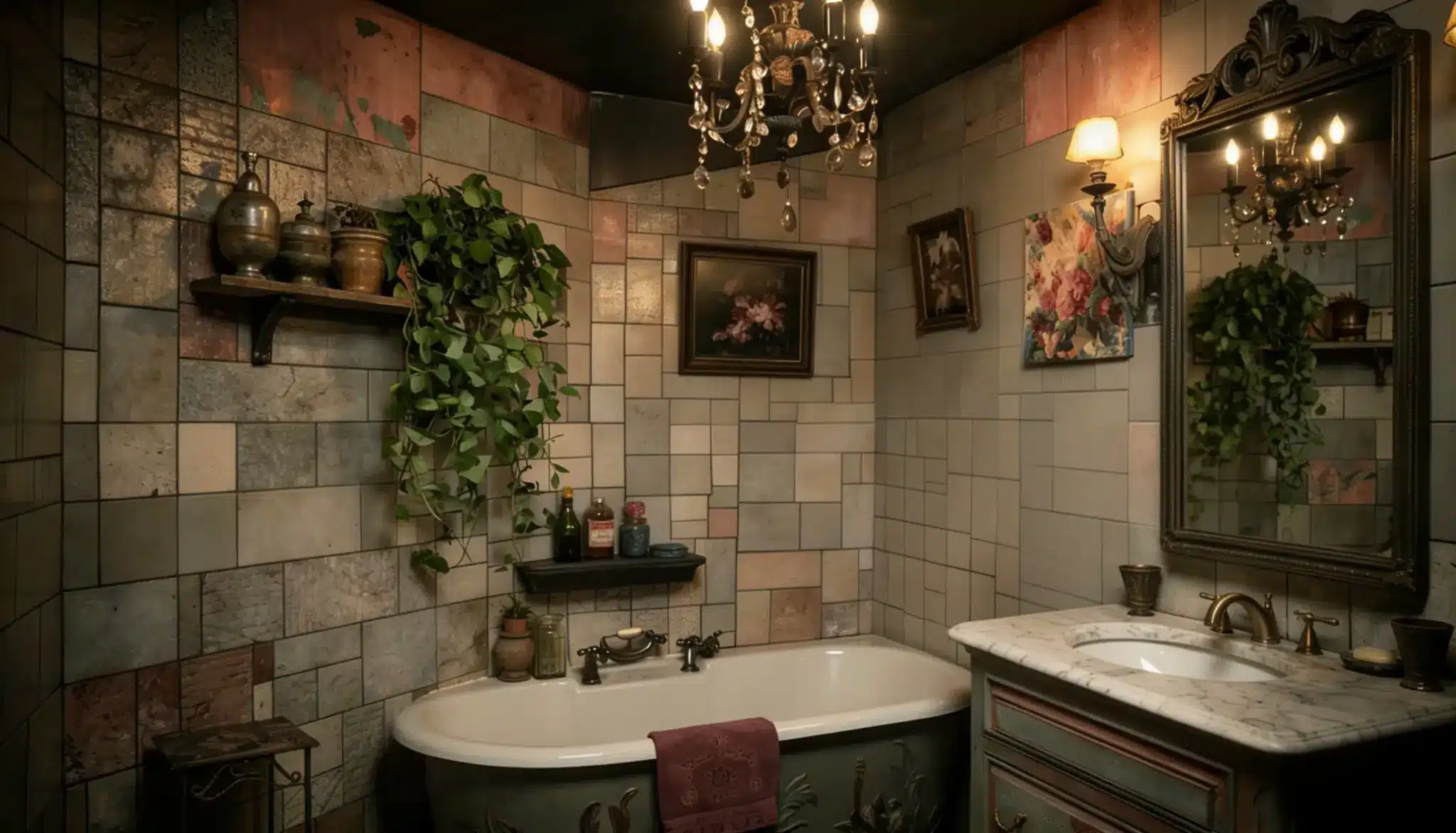 dark academia bathroom vintage tiles ornate mirror brass fixtures trailing plants