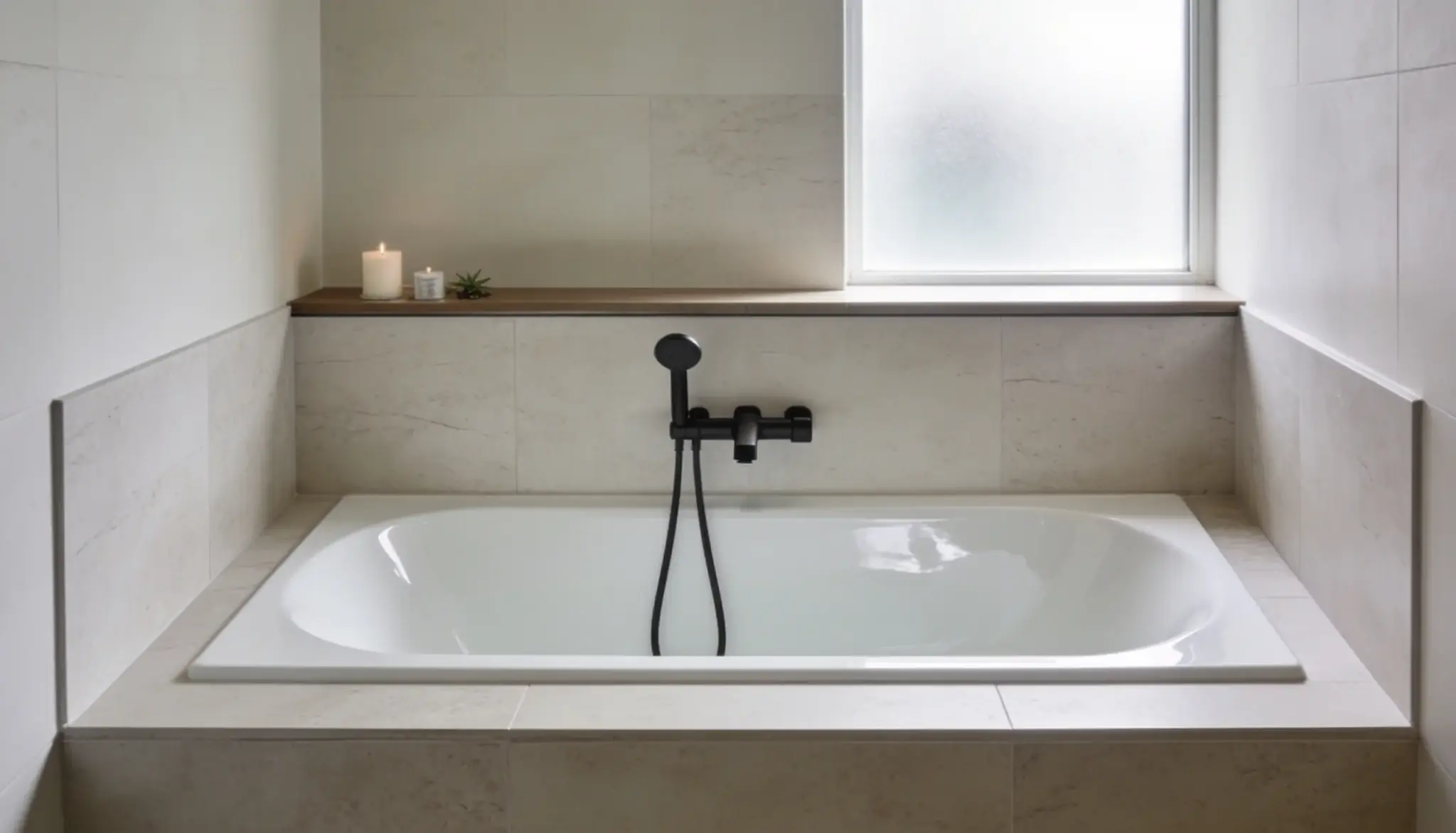A modern white bathtub with a black showerhead is centered in a tiled bathroom with a frosted window and two lit candles.