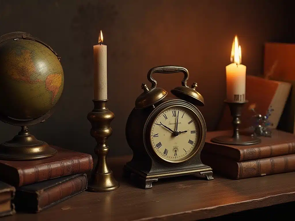 An antique clock, a globe, and several books arranged neatly on a wooden shelf (1)