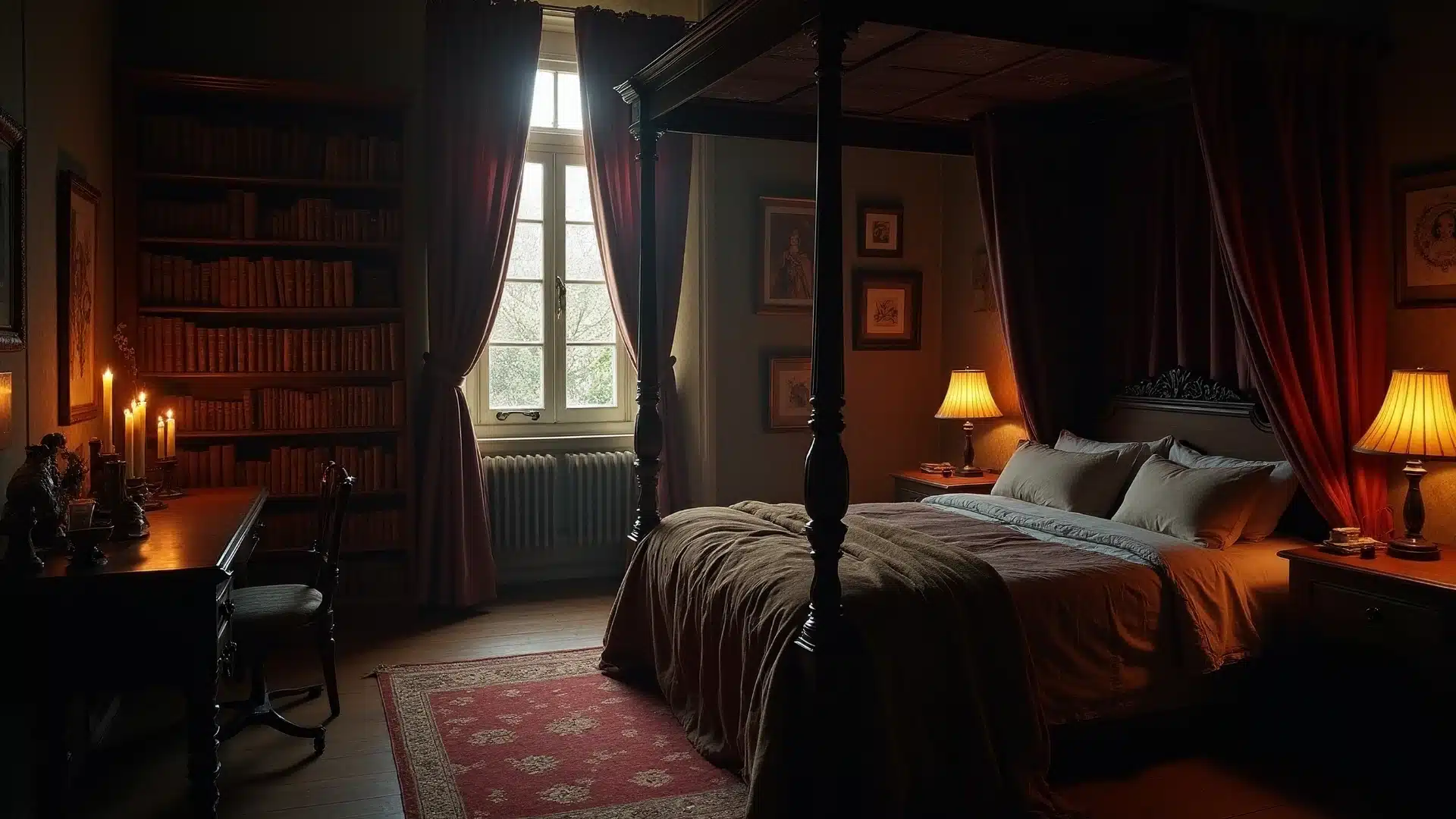 An elegant bedroom with a canopy bed and a decorative lamp, providing a tranquil and stylish retreat