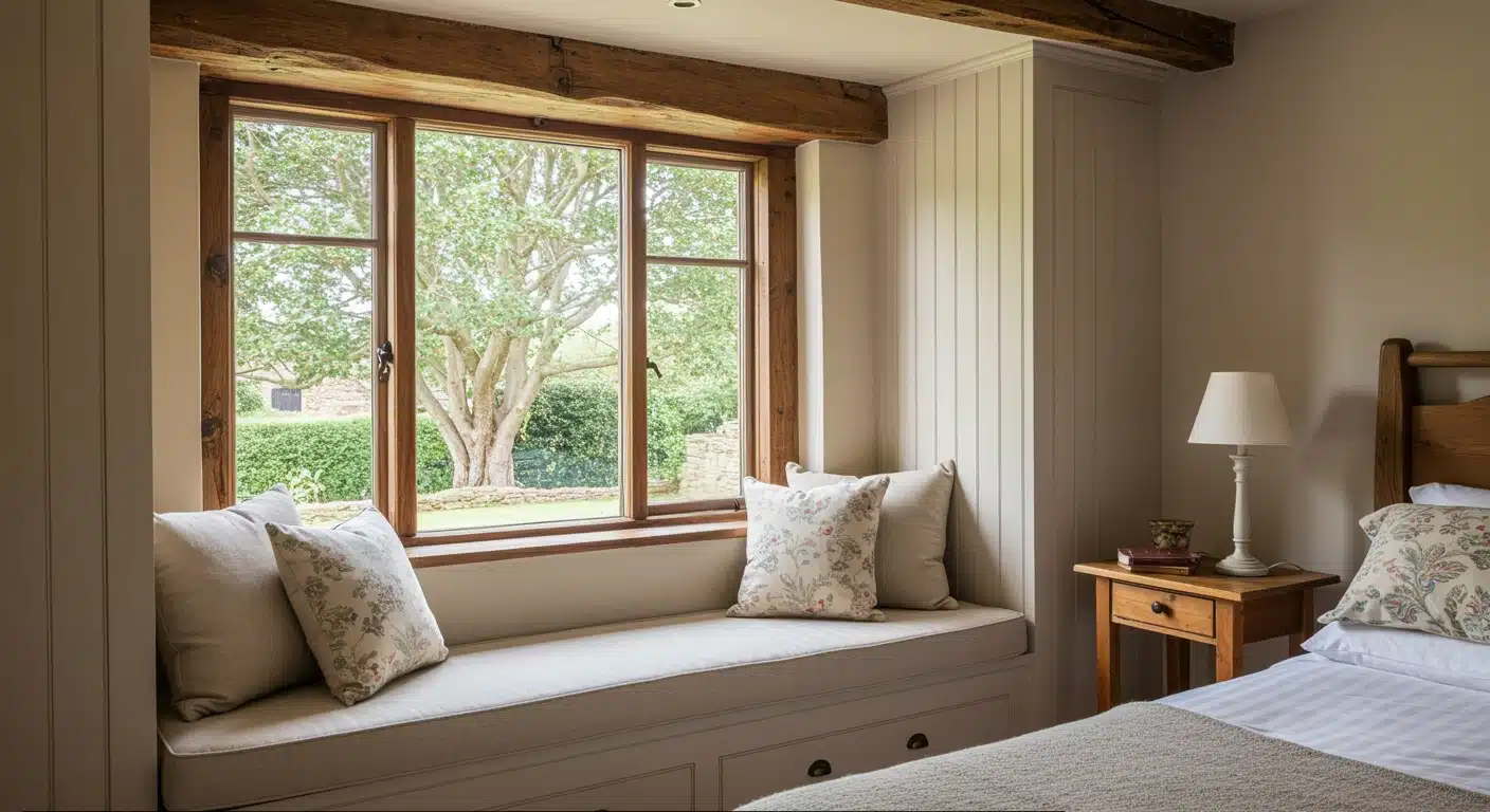 An English cottage bedroom with a bed and a in built window seat