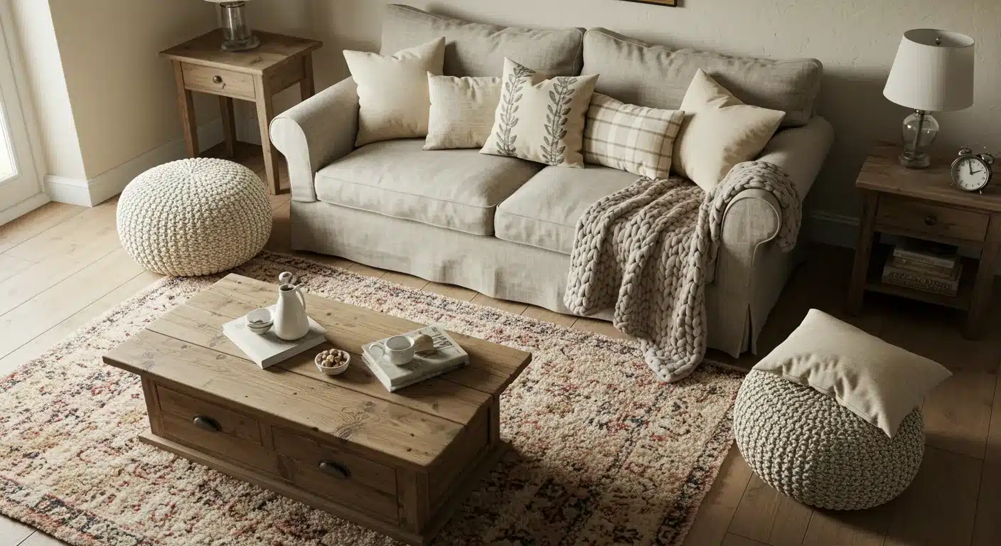 An English cottage living room featuring a couch, coffee table, lamp, chunky throw, pillows, and a rug