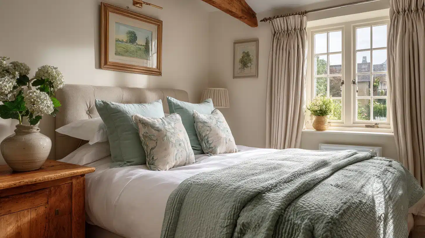 An English style cottage bedroom with a bed, window, and soothing sage green decor